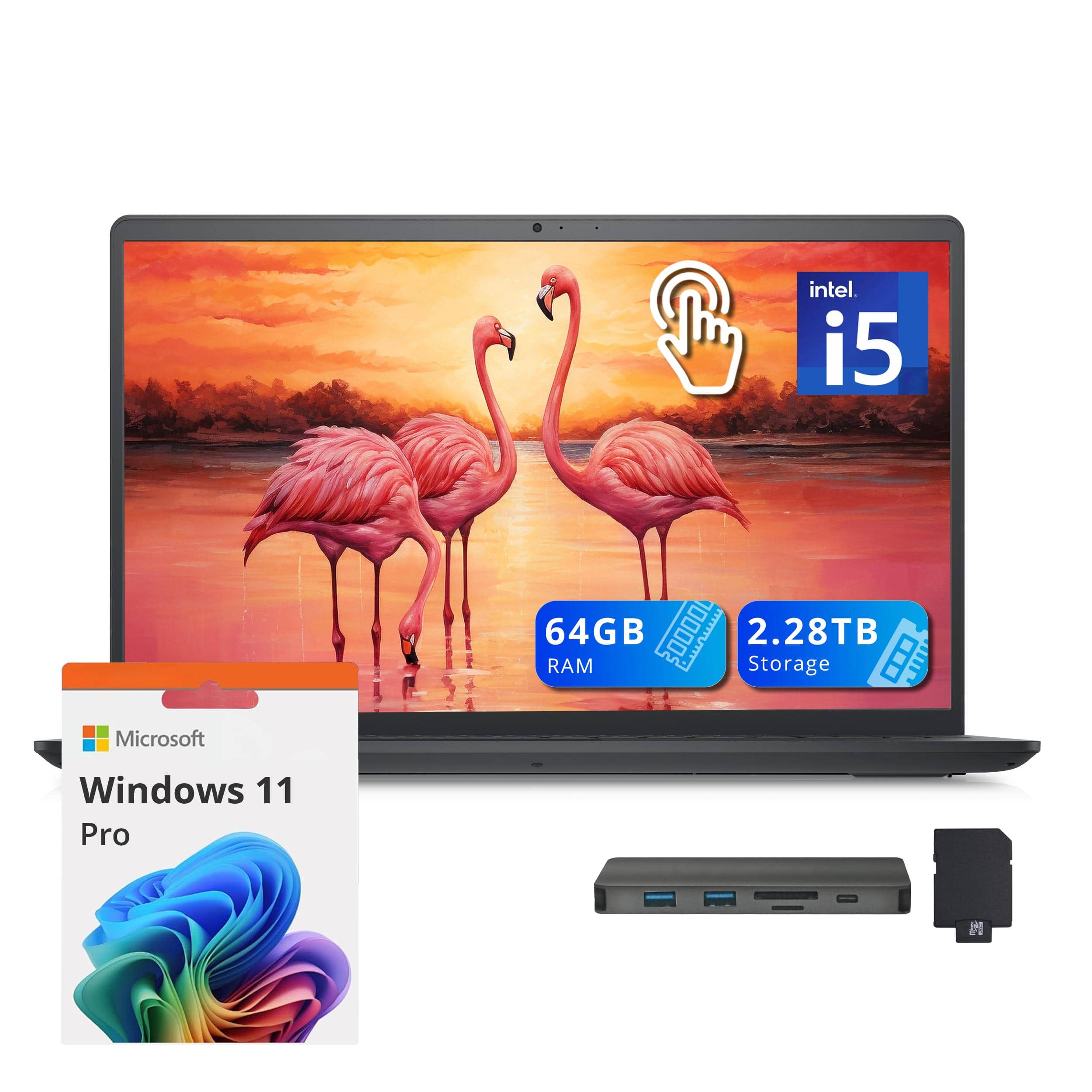 Dell - Inspiron 15 15.6" FHD Touch Screen Laptop,Intel i5-1235U,64GB RAM,2TB PCIe SSD+288GB Docking Set,Win 11 Pro - Black