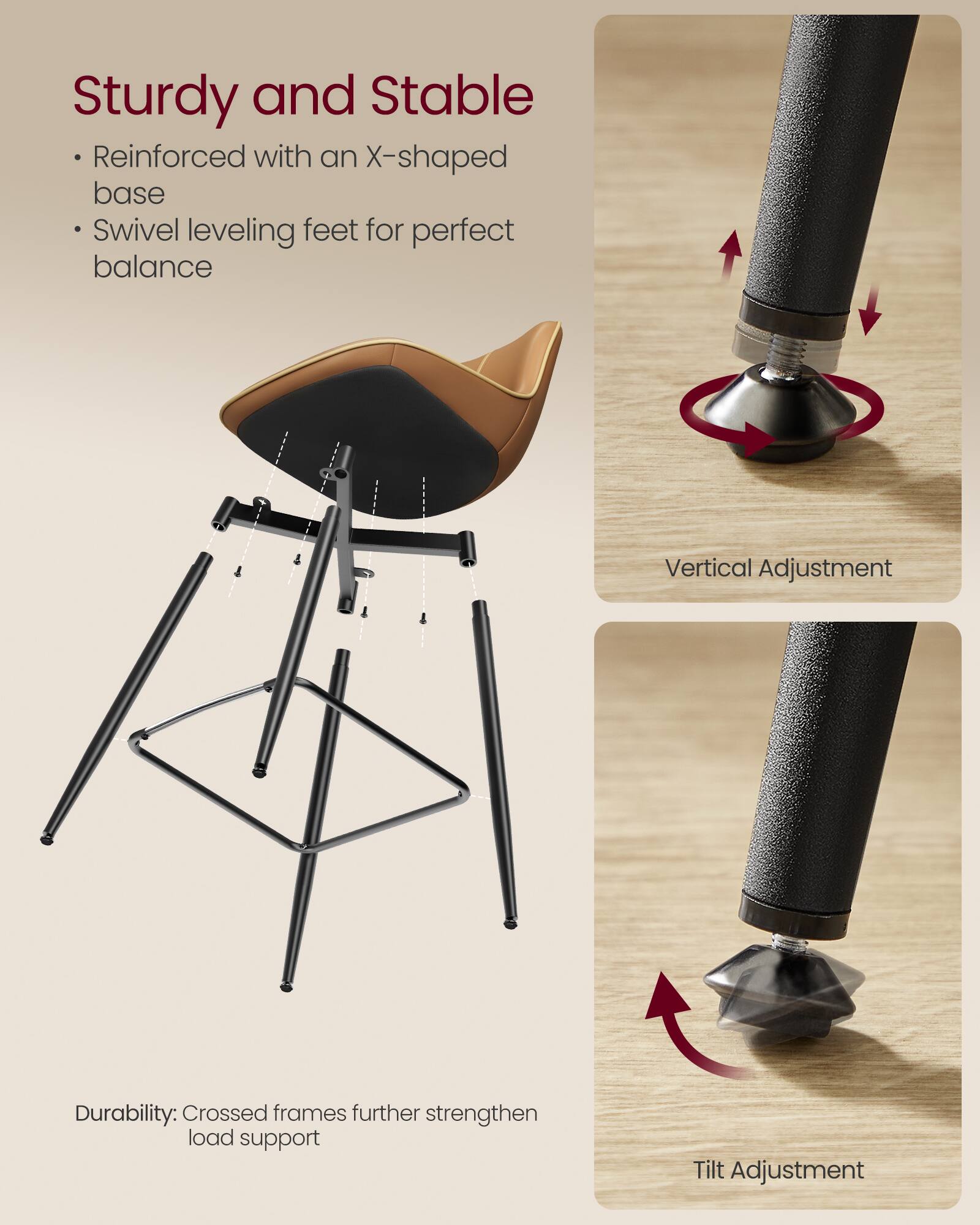 Sturdy and Stable  
- Reinforced with an X-shaped base  
- Swivel leveling feet for perfect balance  

Vertical Adjustment  

Durability: Crossed frames further strengthen load support  

Tilt Adjustment