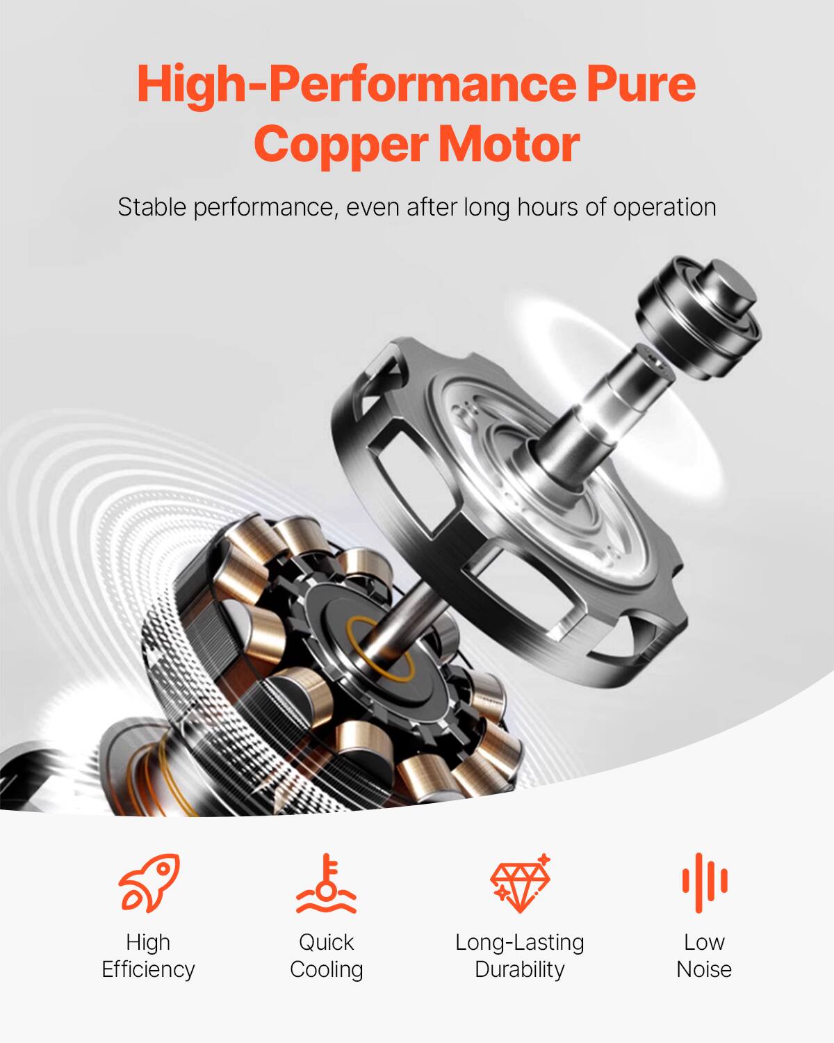 High-Performance Pure Copper Motor  
Stable performance, even after long hours of operation  
High Efficiency  
Quick Cooling  
Long-Lasting Durability  
Low Noise