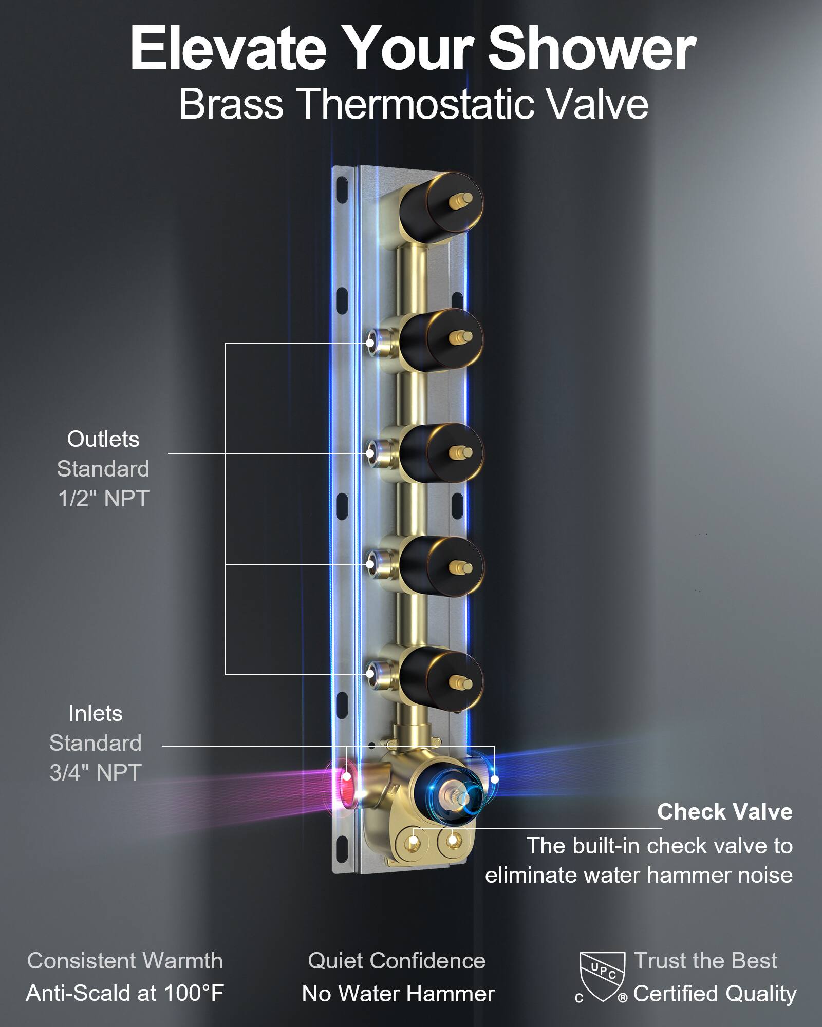 Elevate Your Shower  
Brass Thermostatic Valve  

Outlets  
Standard 1/2" NPT  

Inlets  
Standard 3/4" NPT  

Check Valve  
The built-in check valve to eliminate water hammer noise  

Consistent Warmth  
Anti-Scald at 100°F  

Quiet Confidence  
No Water Hammer  

Trust the Best  
UPC R Certified Quality