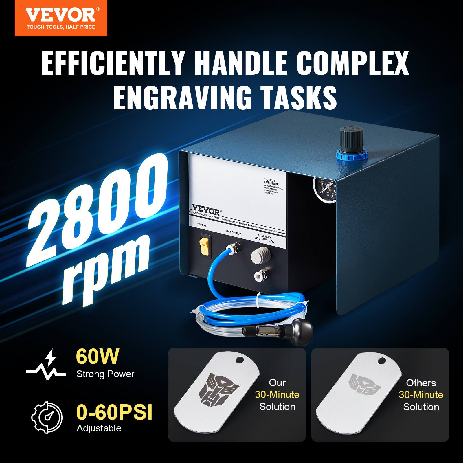 VEVOR  
TOUGH TOOLS, HALF PRICE  

EFFICIENTLY HANDLE COMPLEX ENGRAVING TASKS  

2800 rpm  

60W  
Strong Power  

0-60PSI  
Adjustable  

Our 30-Minute Solution  

Others 30-Minute Solution
