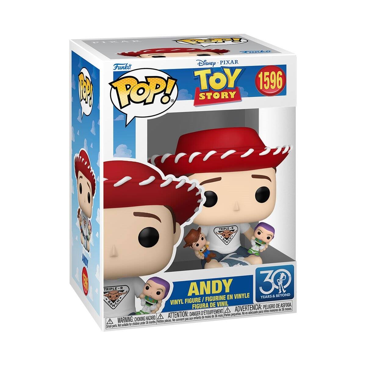 Disney PIXAR  
TOY STORY  
1596  

Funko  
POP!  

ANDY  
VINYL FIGURE / FIGURINE EN VINYLE / FIGURA DE VINIL  

TRIPLE-R  
FIGURE / FIGURINE / FIGURA  

30 YEARS & BEYOND  

WARNING: CHOKING HAZARD - Small parts. Not for children under 3 years.  
ATTENTION: PELIGRO DE ASFIXIA - Piezas pequeñas. No es adecuado para niños menores de 3 años.  
ADVERTENCIA: RIESGO DE ASFIXIA - Pequeñas piezas. No es adecuado para niños menores de 3 años.