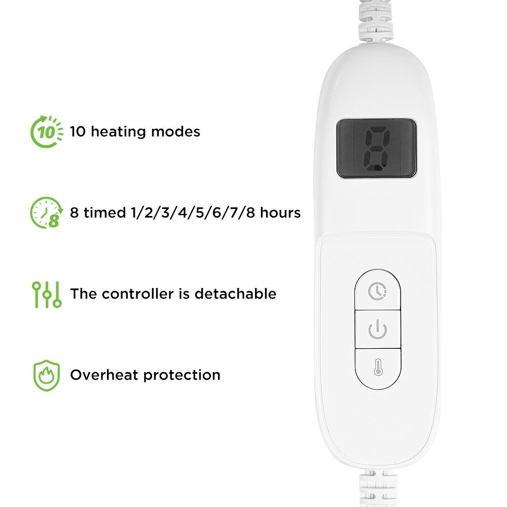 10 heating modes  
8 timed 1/2/3/4/5/6/7/8 hours  
The controller is detachable  
Overheat protection