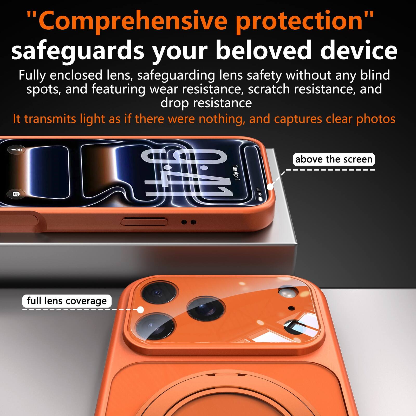 "Comprehensive protection" safeguards your beloved device. Fully enclosed lens, safeguarding lens safety without any blind spots, and featuring wear resistance, scratch resistance, and drop resistance. It transmits light as if there were nothing, and captures clear photos. Above the screen full lens coverage.