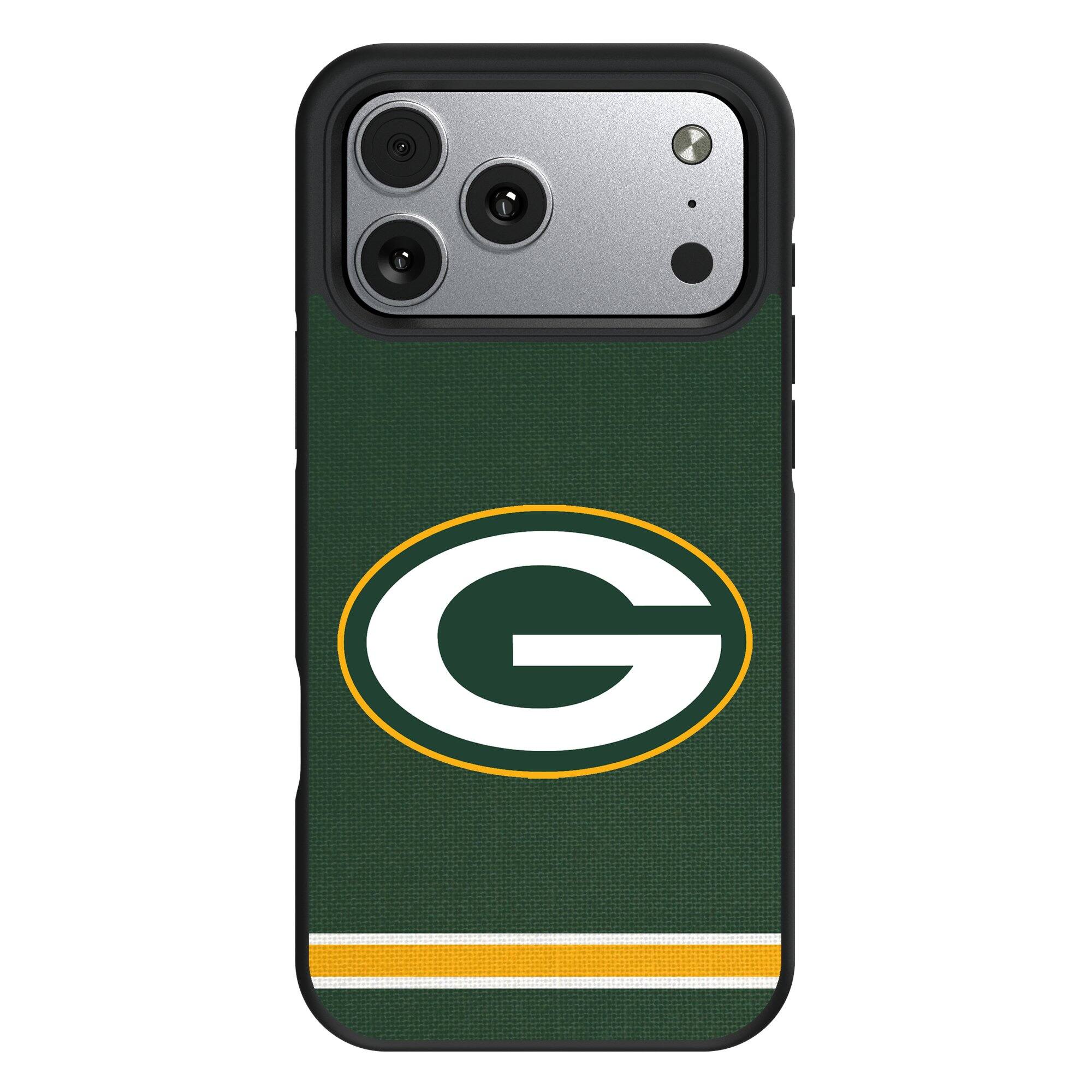 Front. Keyscaper - Green Bay Packers iPhone Stripe Design Bump Case - 15 Plus - Multicolor.