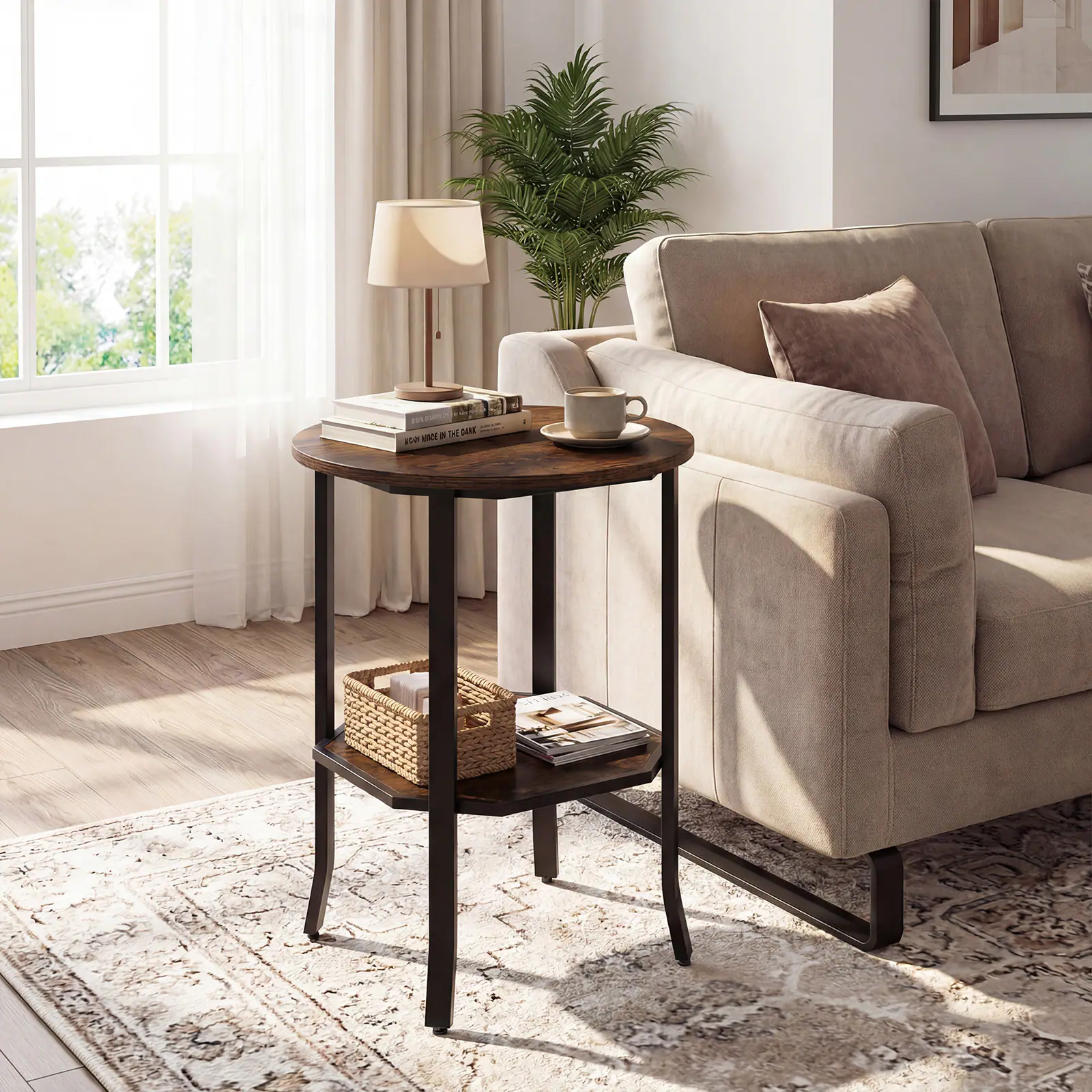 Alt View 1. Gymax - Gymax Round End Table 2-Tier Night Stand w/Storage Shelf Industrial Bedside Table Rustic Brown & Black - Brown.