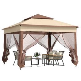Outsunny - 11' x 11' Pop Up Canopy, Outdoor Patio Gazebo Shelter with Removable Zipper Netting, Instant Event Tent - Khaki