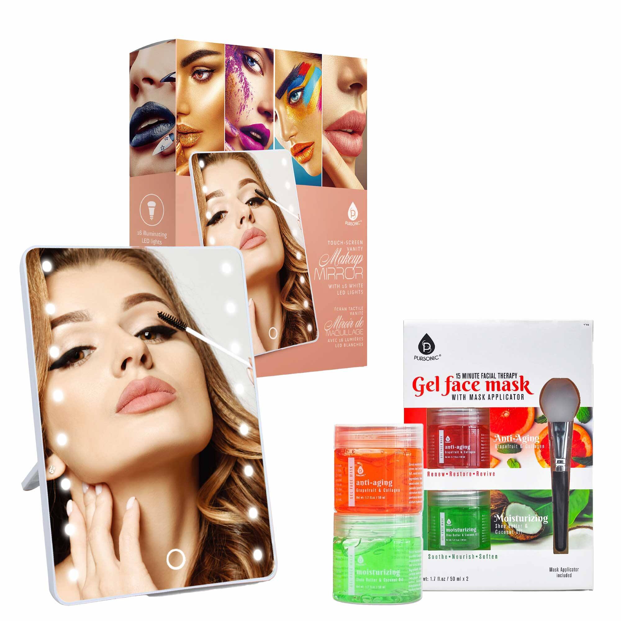 Pursonic - Touchscreen LED Vanity Mirror and Luxurious Gel & Mud Face Mask Set - Multicolor