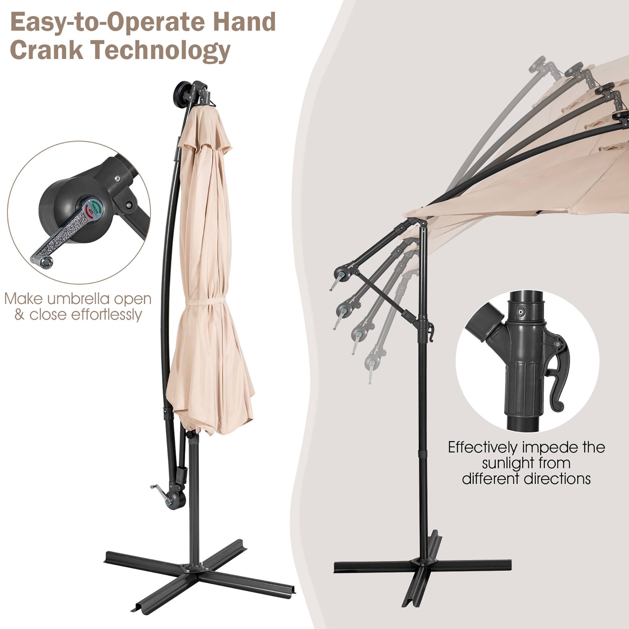 Easy-to-Operate Hand Crank Technology: Make umbrella open & close effortlessly. Effectively impede the sunlight from different directions.