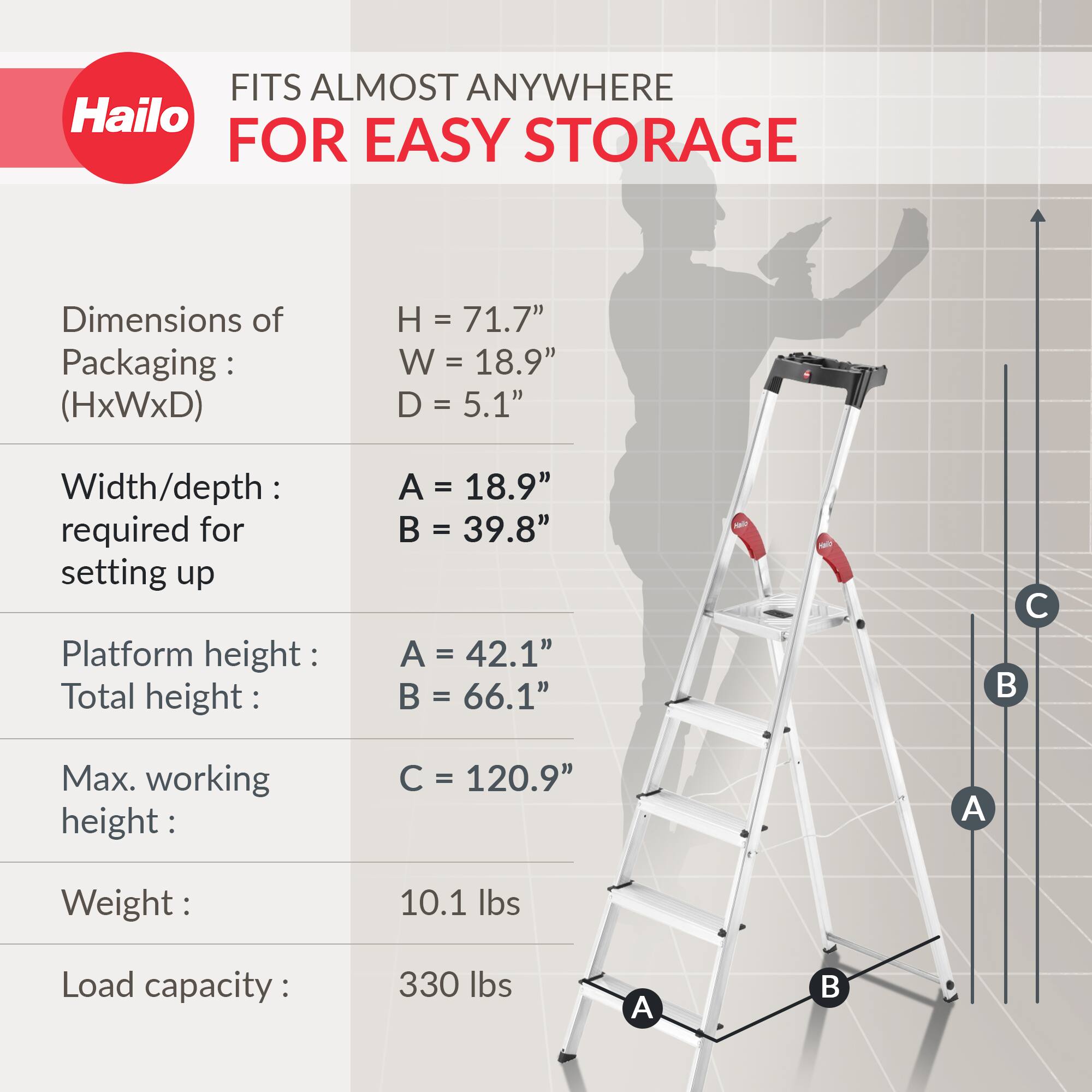 FITS ALMOST ANYWHERE FOR EASY STORAGE

Dimensions of Packaging: (HxWxD)
- H = 71.7"
- W = 18.9"
- D = 5.1"

Width/depth required for setting up:
- A = 18.9"
- B = 39.8"

Platform height:
- A = 42.1"
- B = 66.1"

Max. working height:
- C = 120.9"

Weight:
- 10.1 lbs

Load capacity:
- 330 lbs