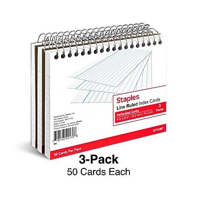 Staples  
Line Ruled Index Cards  
Perforated Cards  
15.2 cm x 7.6 cm  
3 Packs Per Box  
50 Cards Per Pack  
3-Pack  
50 Cards Each  
ST51007