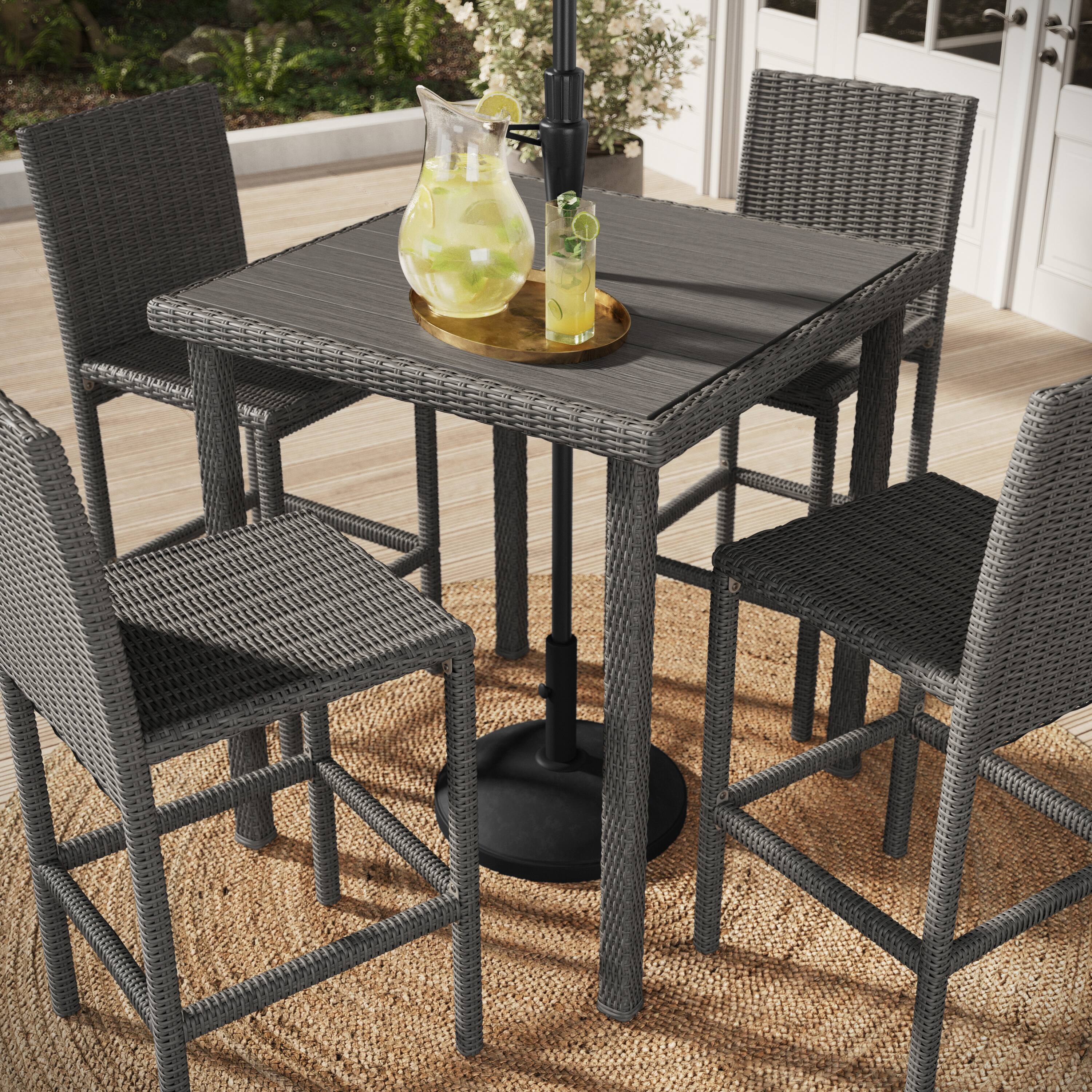 Alt View 4. Martha Stewart - Bedford 5-Piece Outdoor Rattan Wicker Patio Set with 4 Bar Stools, Bar Height Table - Gray.