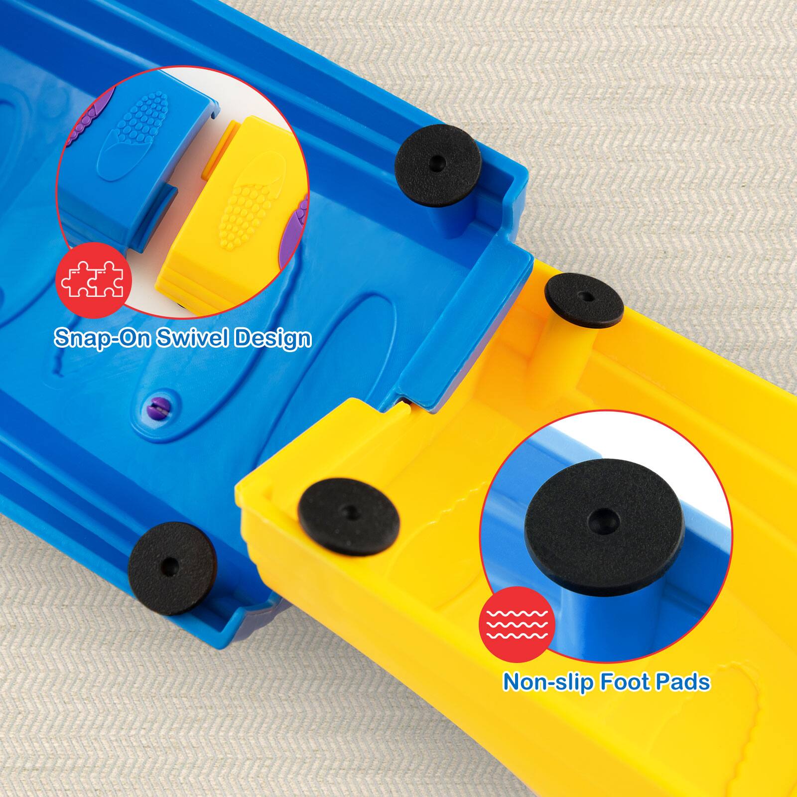 Snap-On Swivel Design  
Non-slip Foot Pads