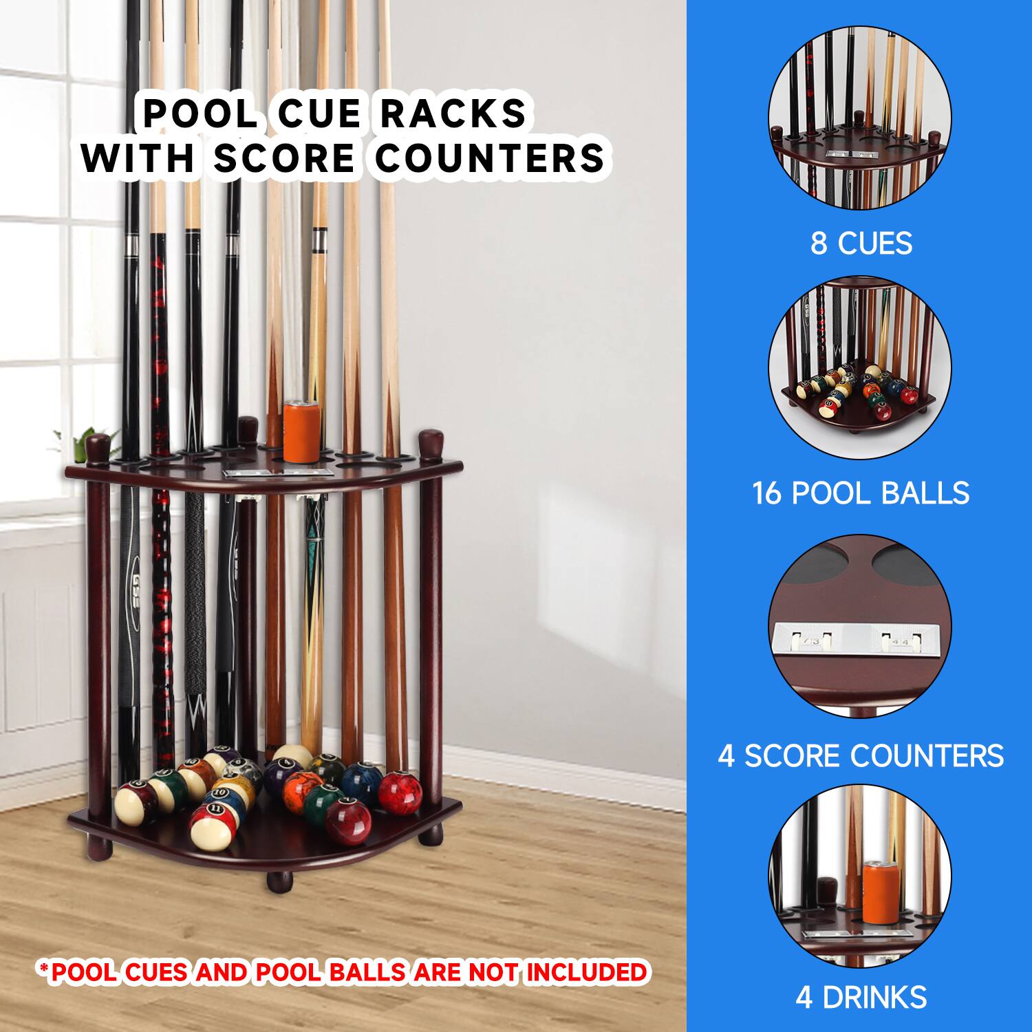 GSE Games & Sports Expert Wood 8 Corner Style Pool Cue Rack with Score ...