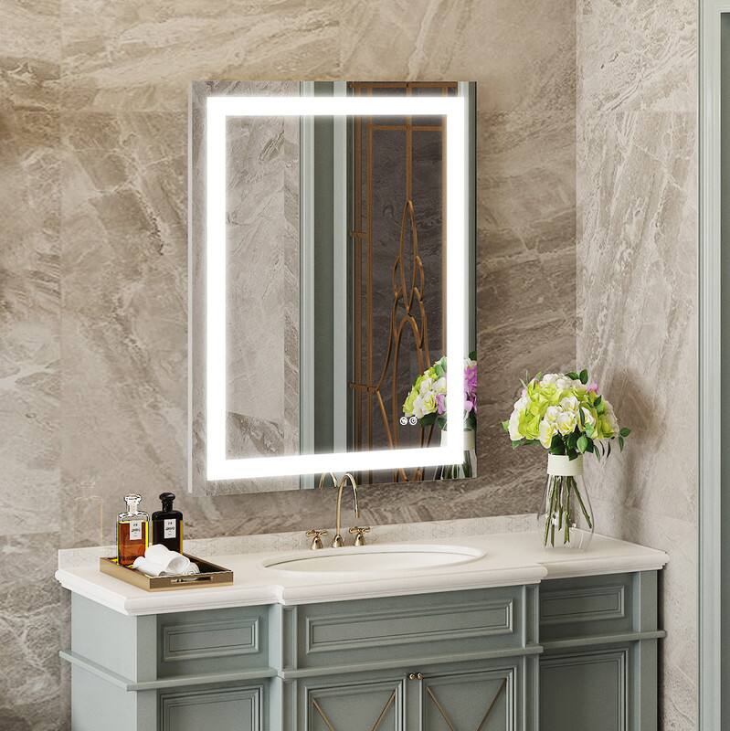 Angle. WELLFOR - 28 in Wx36 in H Rectangular Frameless Anti-Fog LED Bathroom Vanity Mirror, Wall Mounted Mirror with Memory Function - Silver.
