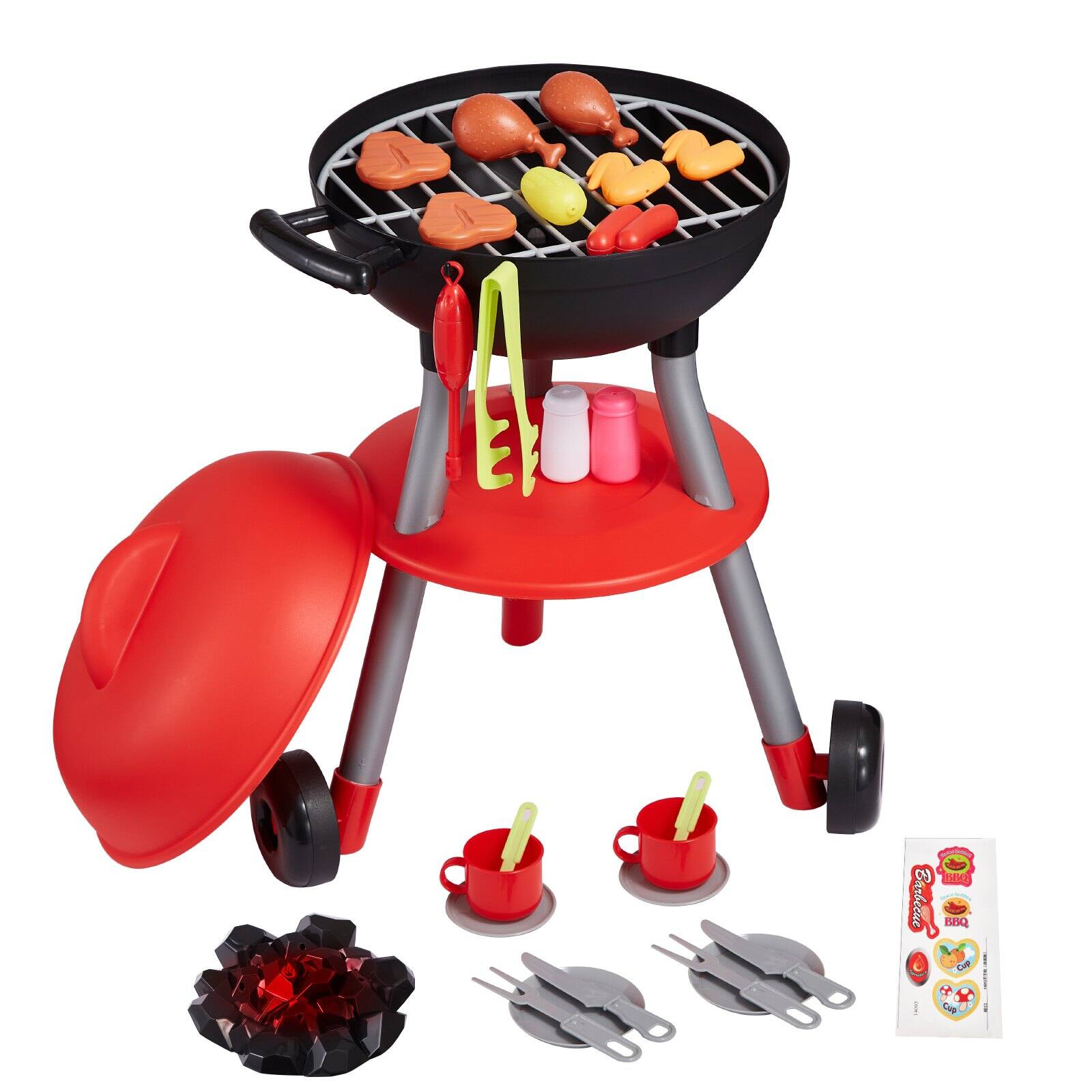 Sure, here is the corrected and grouped text from the image:

**Grill Set:**
- BBQ Grill Set

**Grill Accessories:**
- Tongs
- Spatula
- Fork

**Grill Items:**
- Meat
- Vegetables
- Hot Dogs

**Condiments:**
- Salt
- Pepper

**Grill Accessories:**
- Charcoal
- Matches

**Grill Accessories:**
- Cups
- Straws

**Grill Accessories:**
- Grill Brush

**Grill Accessories:**
- Grill Stand

**Grill Accessories:**
- Grill Lid