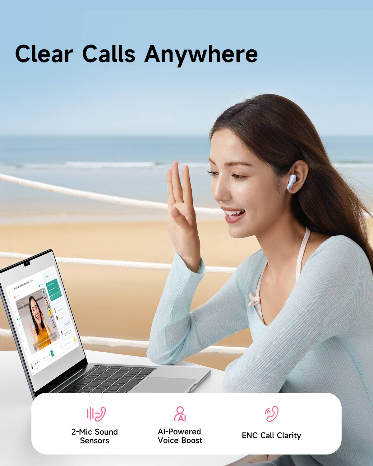 Clear Calls Anywhere  
2-Mic Sound Sensors  
AI-Powered Voice Boost  
ENC Call Clarity