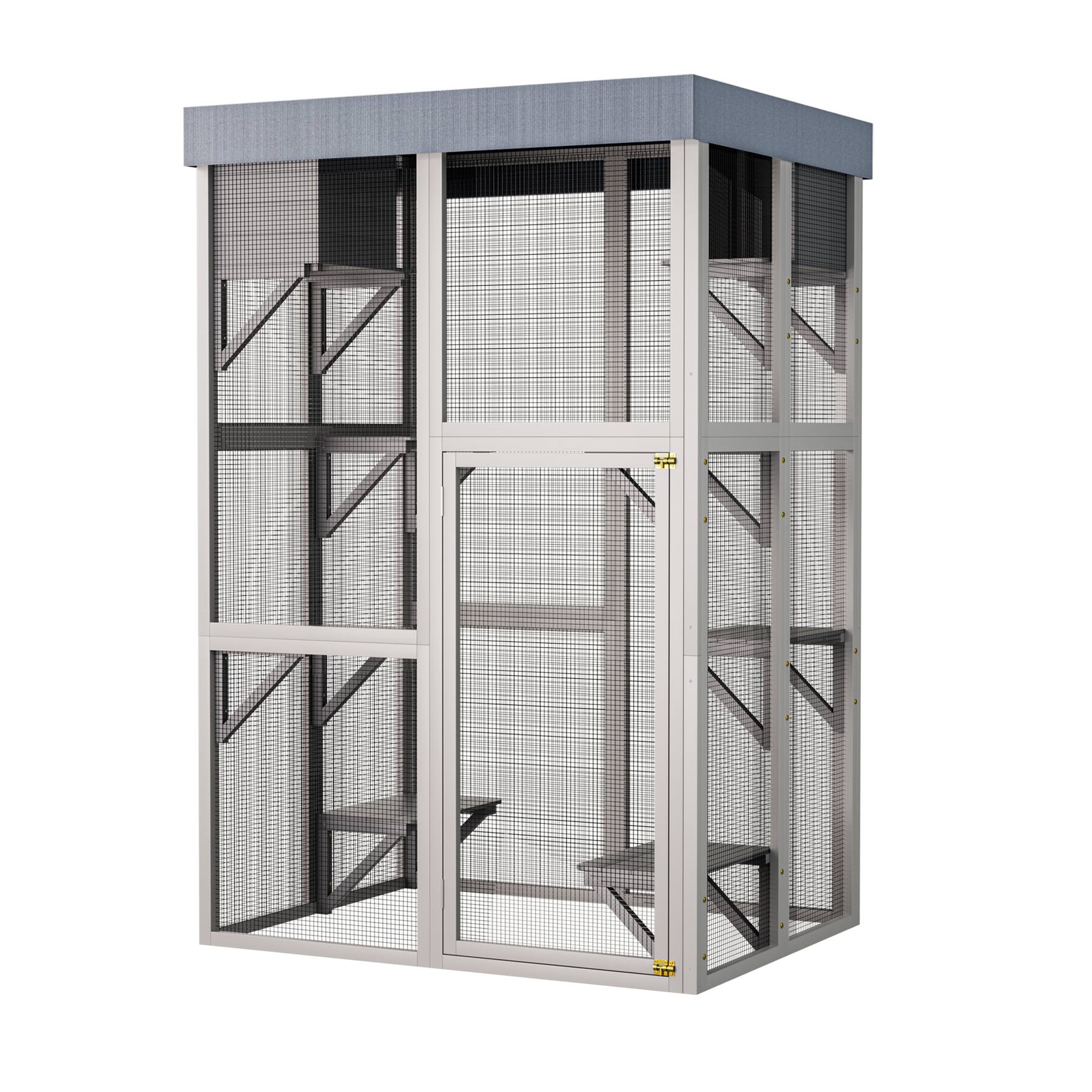 Front. Siljoy - 70.5" Tall Gray Catio with Removable Tarp, 6 Platforms & 2 Napping Houses, Outdoor Cat Enclosure.