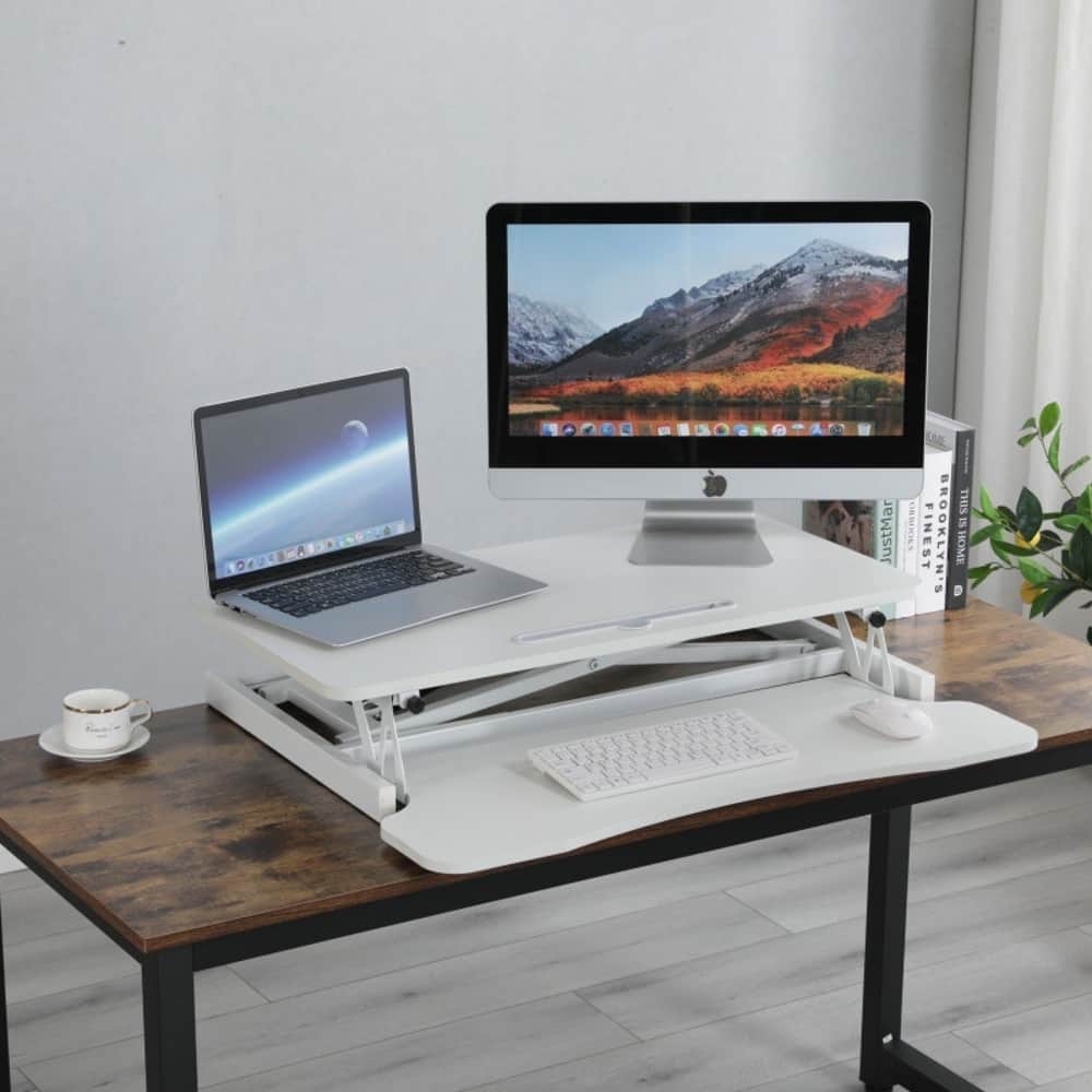 Loheer - 32 Inch Desk Converter Height Adjustable Sit to Stand Riser Dual Monitor Workstation - White price history on PriceWatchPro