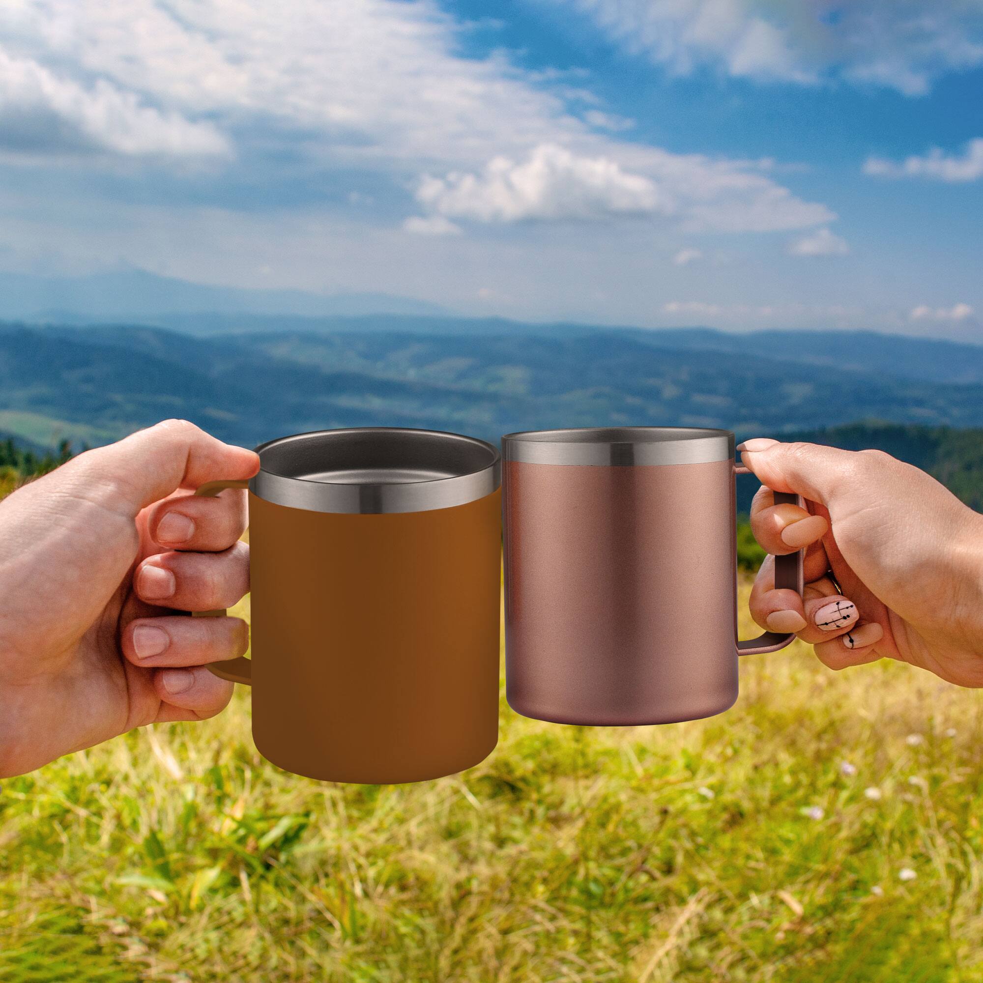 Left. Zulay Kitchen - Zulay Kitchen 12oz Insulated Coffee Mug with Lid - Stainless Steel Camping Mug Tumbler with Handle - Cinnamon.