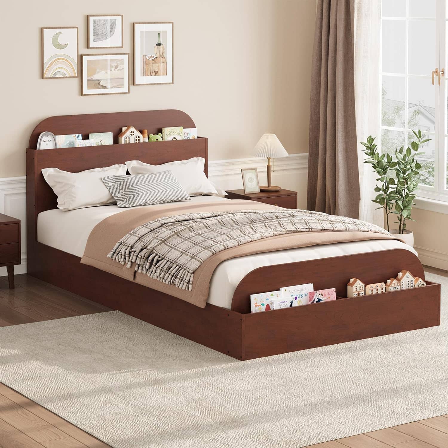 Homhougo - Twin Kids Bed Frame with Storage Headboard & Footboard - Low Profile Wood Platform Bed, Sturdy Wood Slats - Walnut