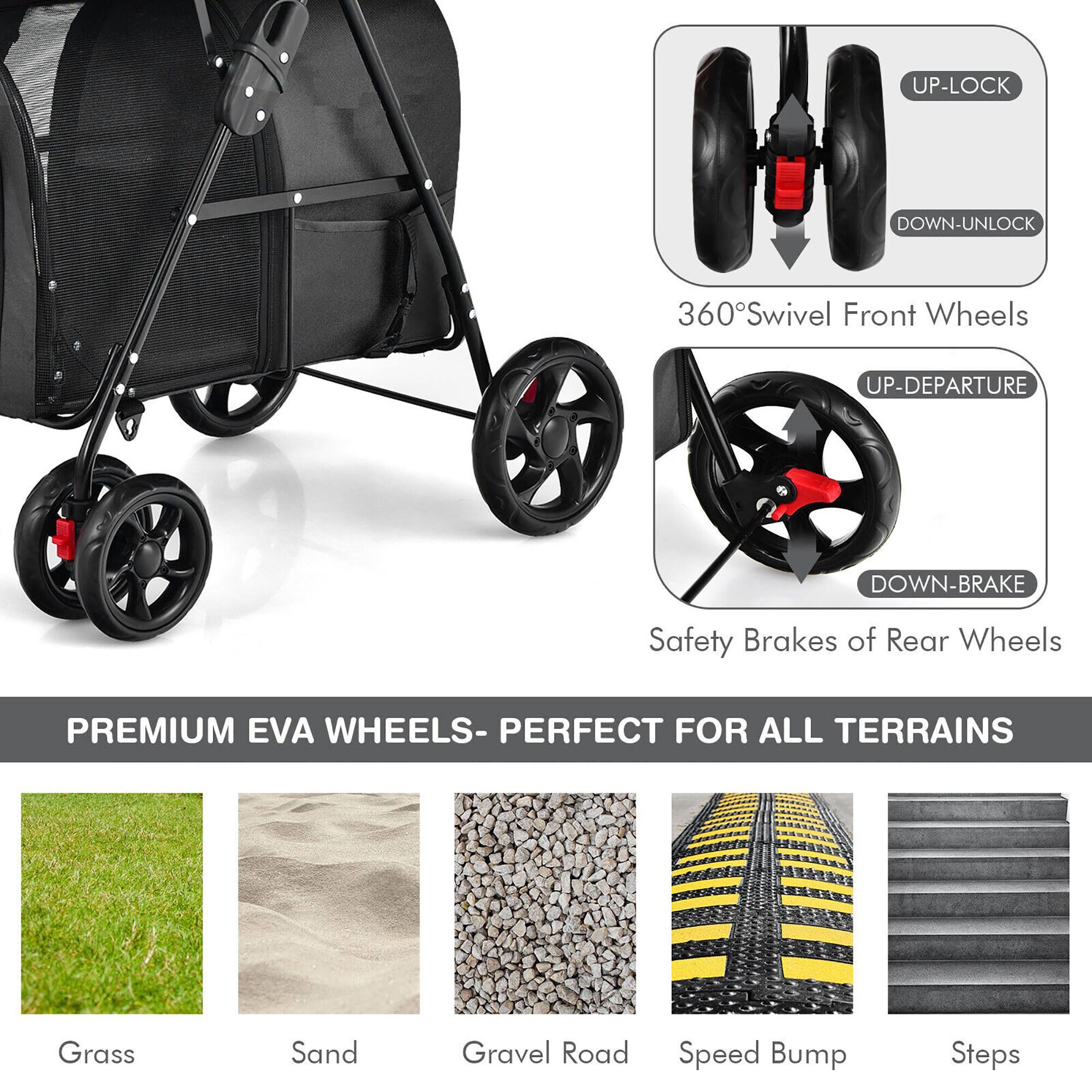 UP-LOCK DOWN-UNLOCK  
360° Swivel Front Wheels  

UP-DEPARTURE DOWN-BRAKE  
Safety Brakes of Rear Wheels  

PREMIUM EVA WHEELS - PERFECT FOR ALL TERRAINS  
Grass  
Sand  
Gravel Road  
Speed Bump  
Steps