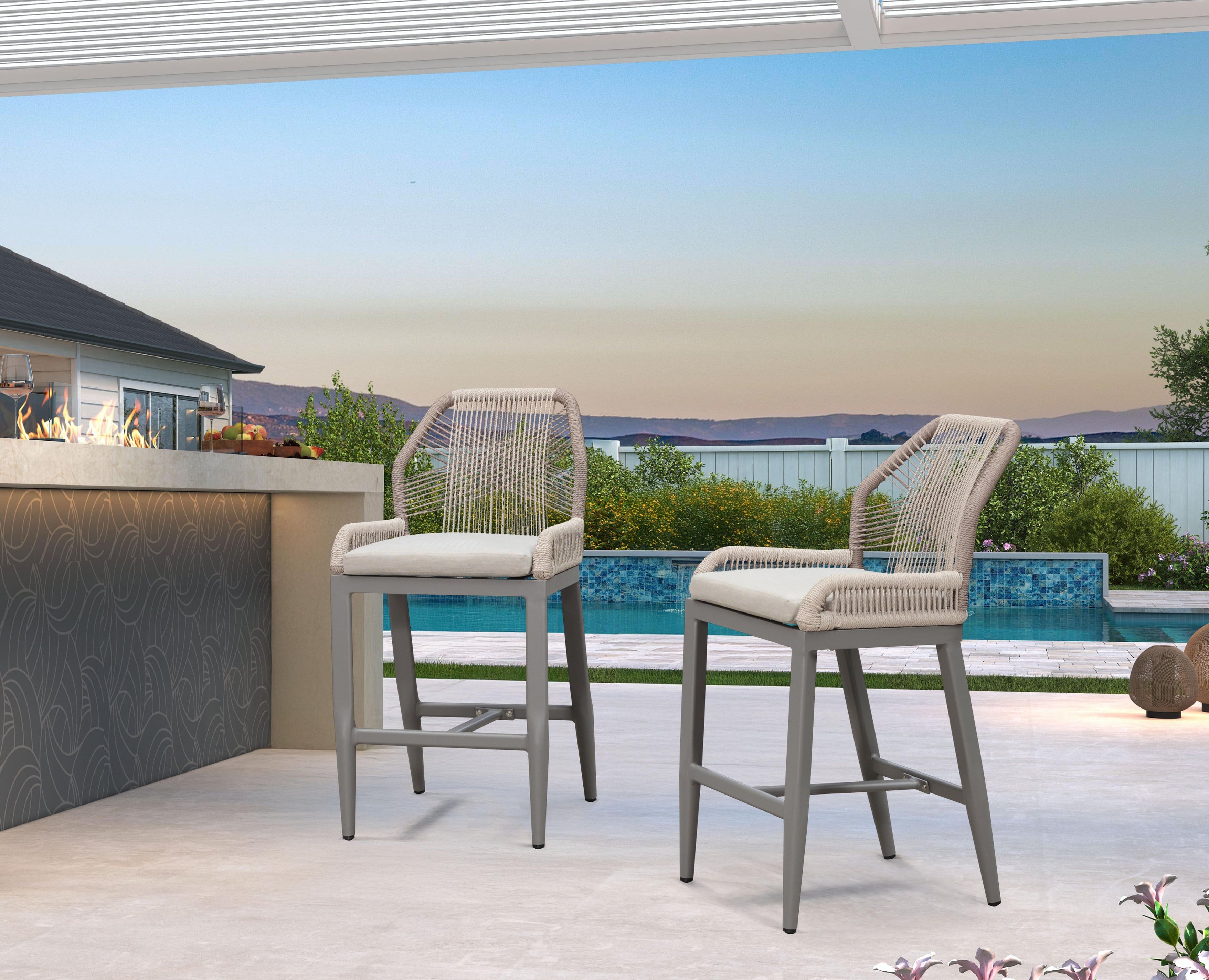 Front. PURPLE LEAF - Patio Outdoor Bar Stool Counter Height Set of 2 Rattan Chair with Back Modern Aluminum Woven Barstools for Garden Indoor - Light Grey-Counter Stool.