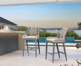 PURPLE LEAF - Patio Outdoor Bar Stool Counter Height Set of 2 Rattan Chair with Back Modern Aluminum Woven Barstools for Garden Indoor - Light Grey-Counter Stool