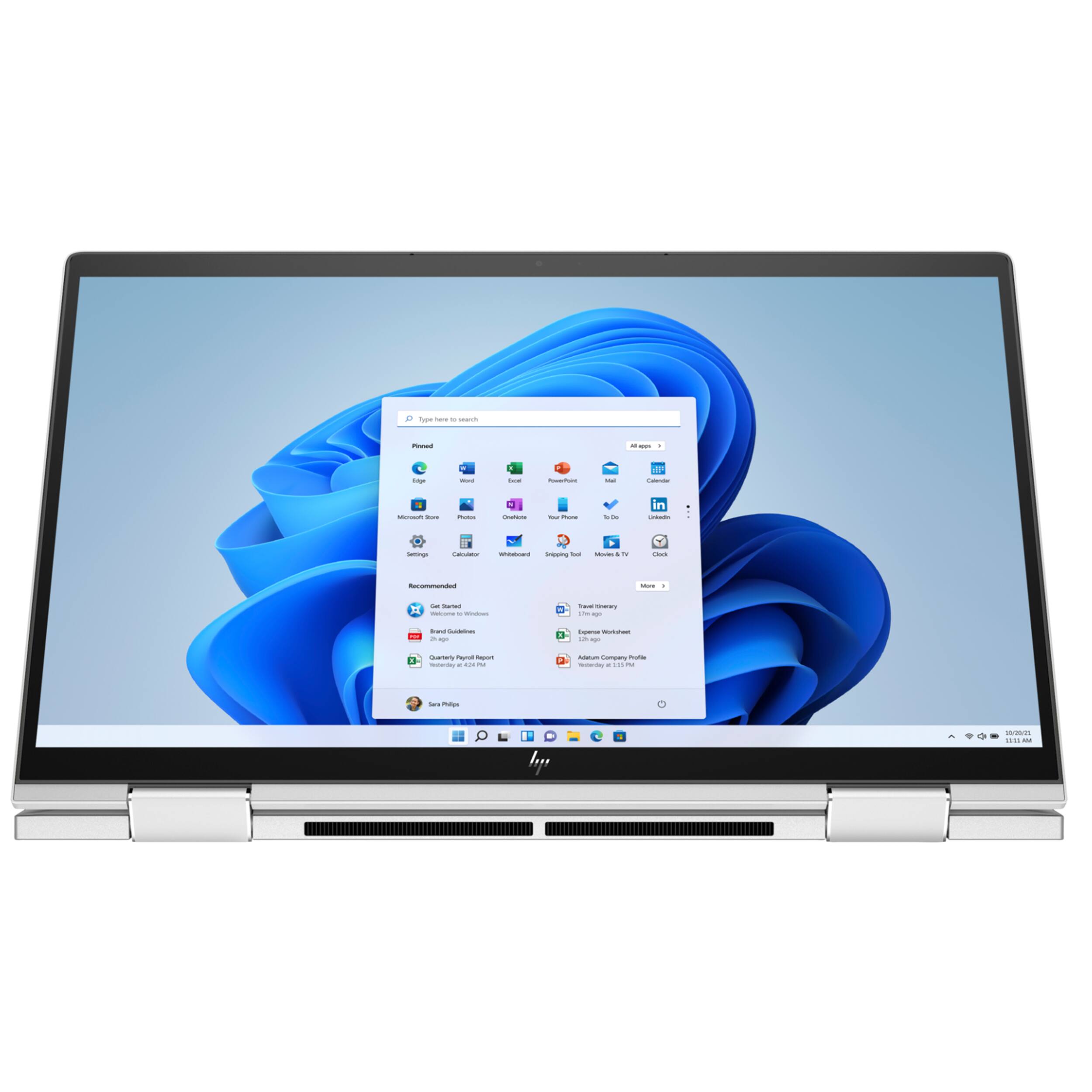 Sure, here is the corrected and grouped text from the image:

---

**Start Menu:**

- **Pinned:**
  - Edge
  - Word
  - Excel
  - Microsoft Store
  - Photos
  - Outlook

- **Recommended:**
  - Get Started
  - Get Office
  - Browse Qualities
  - Quarterly Financial Report
  - Security Update

- **Recent:**
  - Sarah Phillips

- **Apps:**
  - Microsoft Edge
  - Mail
  - Calendar
  - To Do
  - LinkedIn
  - Settings
  - Calculator
  - Weather
  - Photos
  - Microsoft TV
  - Clock

- **More:**
  - Tourist History
  - Total Workforce
  - Additional Company Profile

- **Settings:**
  - Monday, 11:11 AM
  - 100% 1111 M

---

**Taskbar:**

- Search bar: "Type here to search"
- Icons: Edge, Mail, Calendar, To Do, LinkedIn, Settings, Calculator, Weather, Photos, Microsoft Store, Photos, Outlook
- Language bar: English (United States)
- Date and time