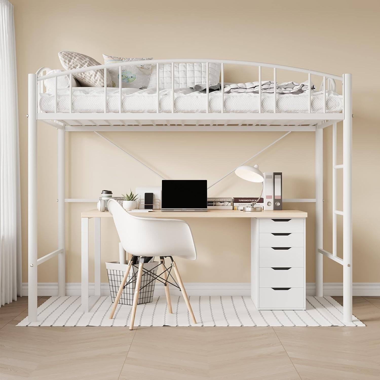 Alt View 1. GARVEE - Twin Loft Bed White Heavy Duty Metal Frame Arched Guardrail Safety Ladder - White Twin.