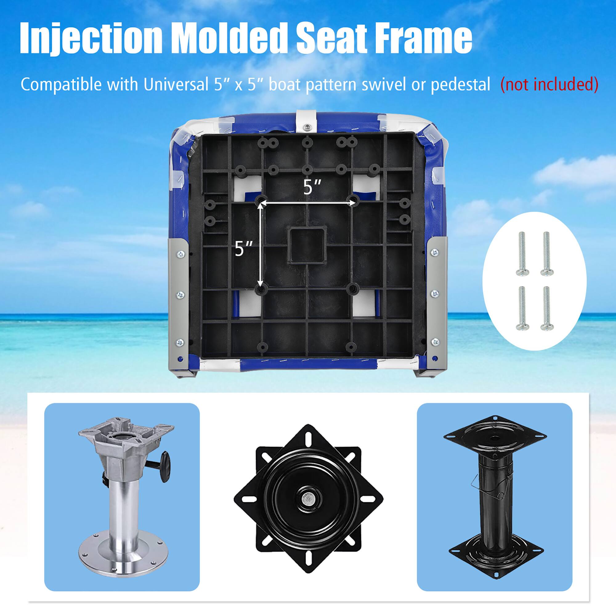 Injection Molded Seat Frame

Compatible with Universal 5" x 5" boat pattern swivel or pedestal (not included)