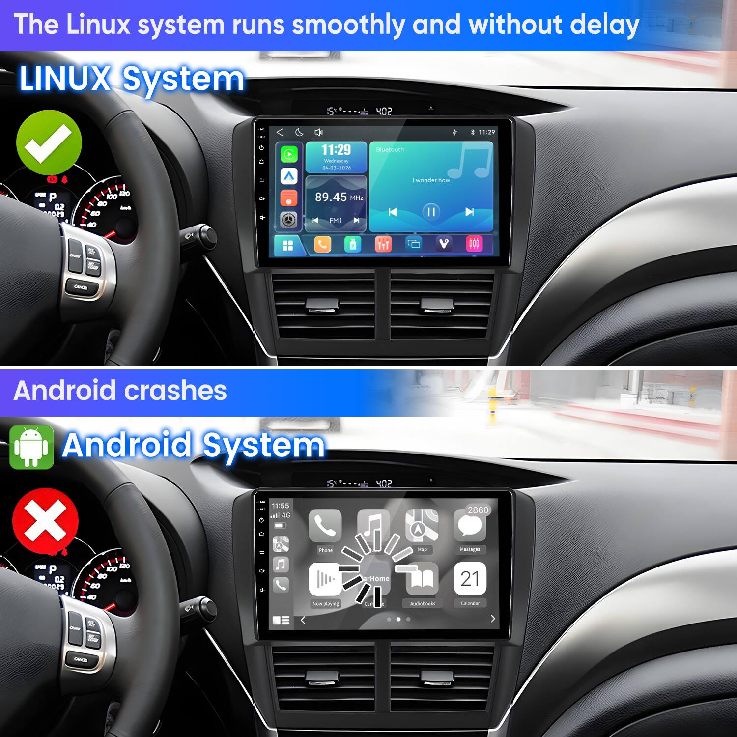 The Linux system runs smoothly and without delay  
LINUX System  

Android crashes  
Android System