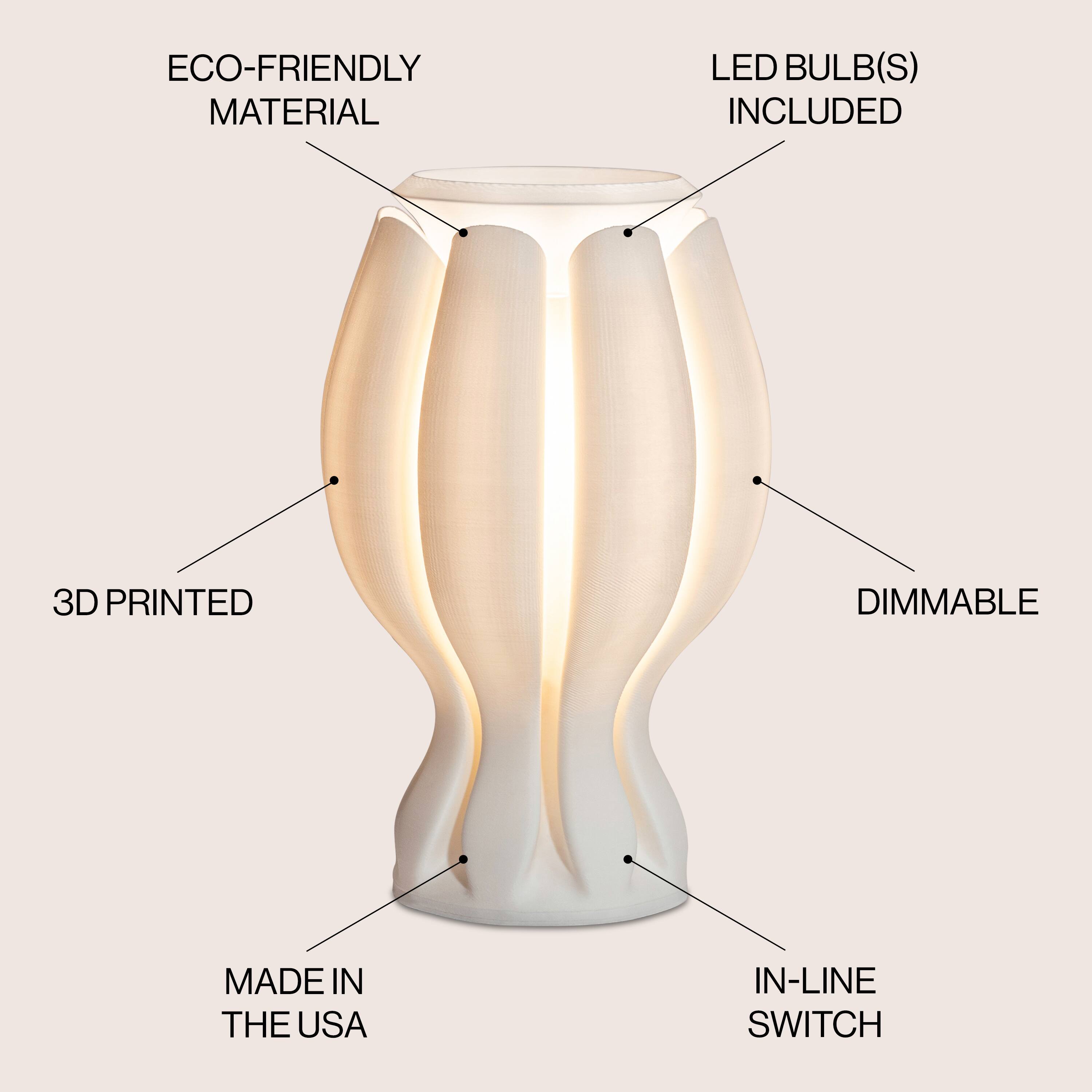 ECO-FRIENDLY MATERIAL  
LED BULB(S) INCLUDED  
3D PRINTED  
DIMMABLE  
MADE IN THE USA  
IN-LINE SWITCH