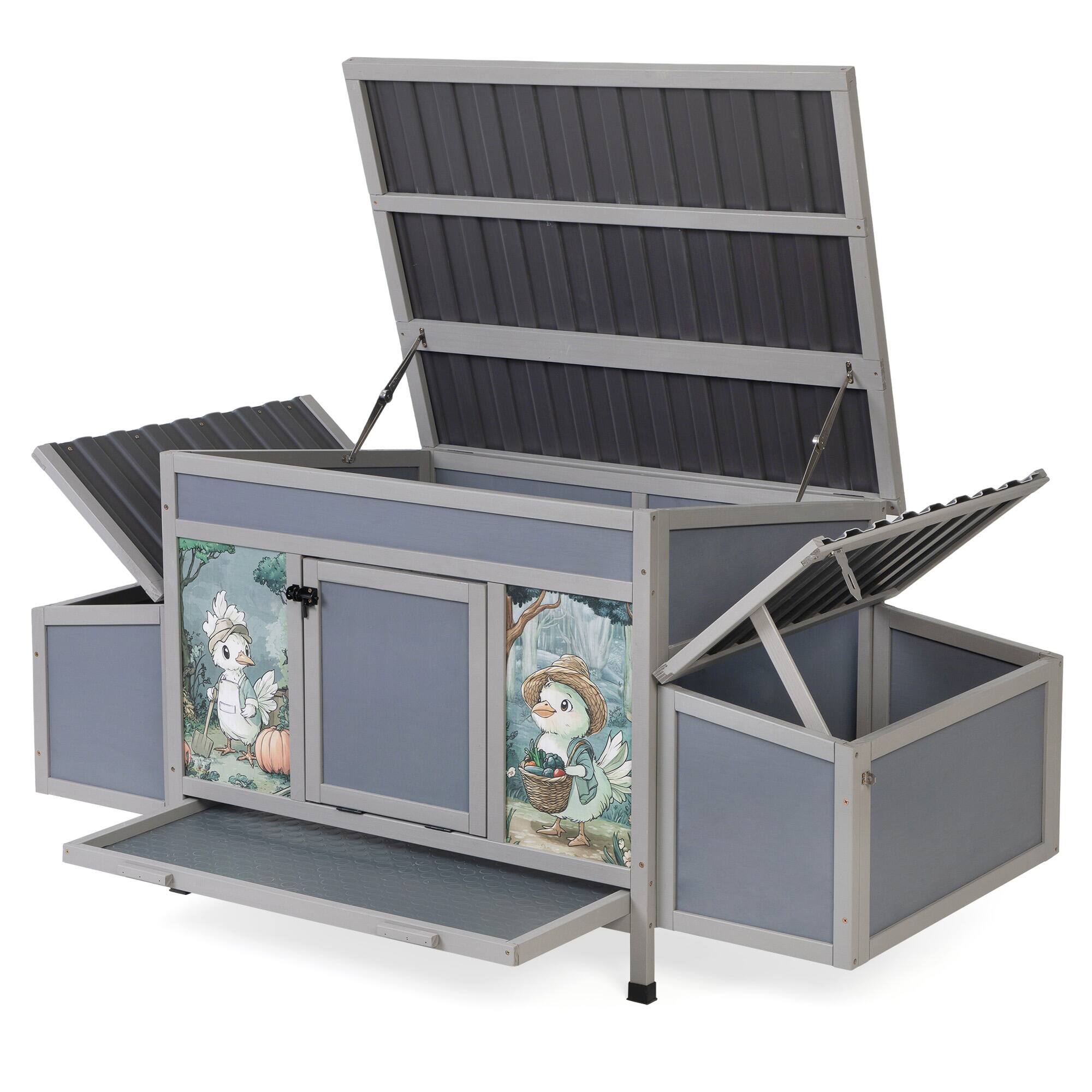 Front. Boyel Living - Gray Main Body and Gray Wave Tiles Large Wooden Chicken Coop with 2 Rest Areas Play Area Removable Tray and Lockable - Gray.