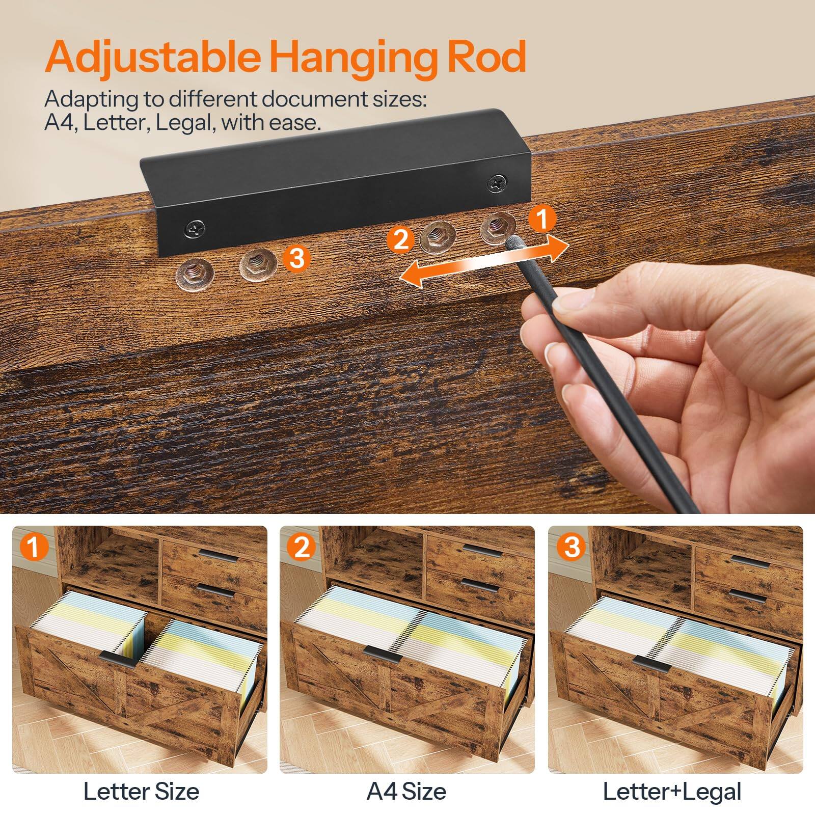 Adjustable Hanging Rod  
Adapting to different document sizes: A4, Letter, Legal, with ease.

1. Letter Size  
2. A4 Size  
3. Letter+Legal