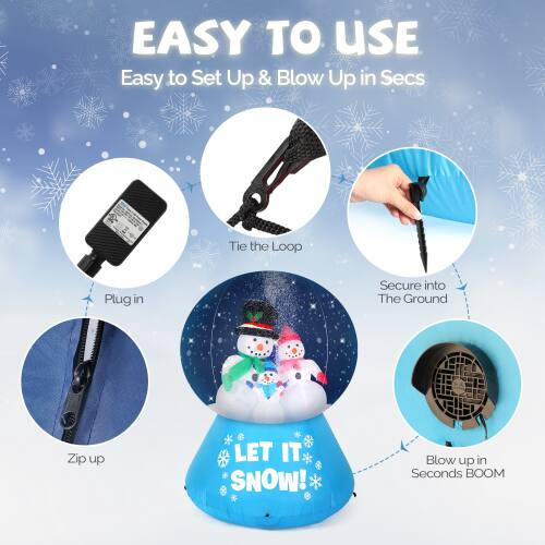 EASY TO USE  
Easy to Set Up & Blow Up in Secs

- Tie the Loop
- Plug in
- Secure into The Ground
- Zip up
- LET IT SNOW!
- Blow up in Seconds BOOM