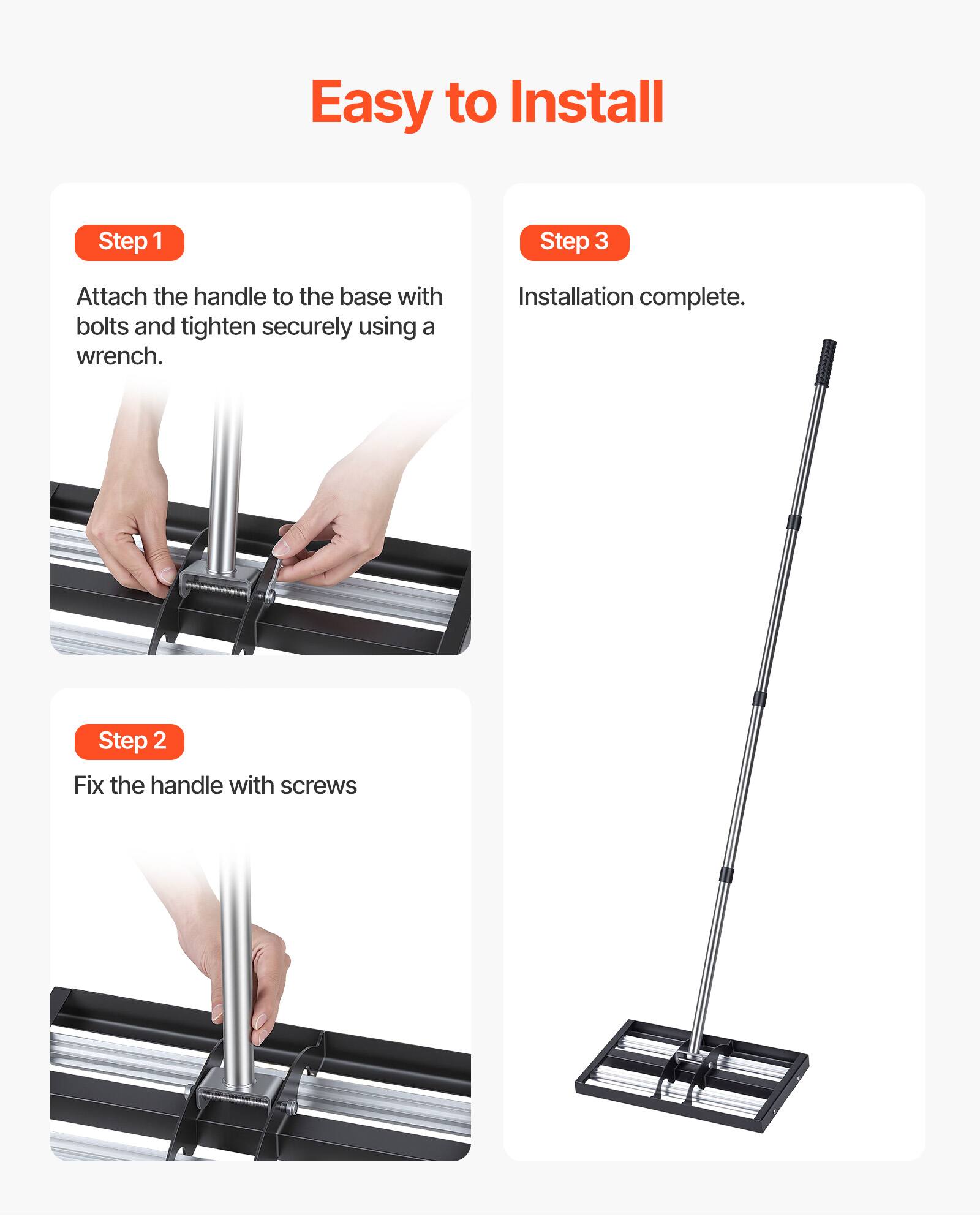 Easy to Install

Step 1
Attach the handle to the base with bolts and tighten securely using a wrench.

Step 2
Fix the handle with screws

Step 3
Installation complete.