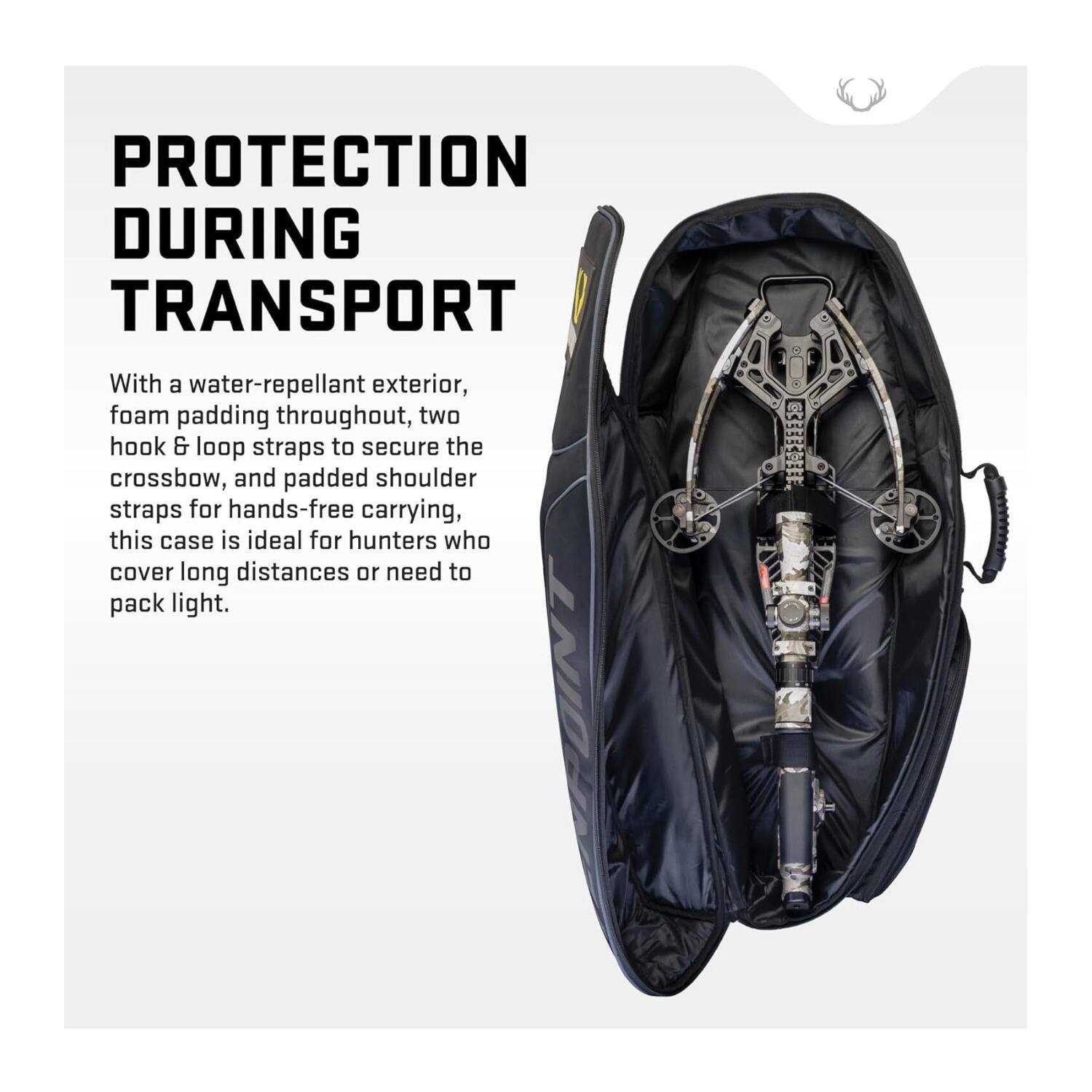 PROTECTION DURING TRANSPORT

With a water-repellent exterior, foam padding throughout, two hook & loop straps to secure the crossbow, and padded shoulder straps for hands-free carrying, this case is ideal for hunters who cover long distances or need to pack light.