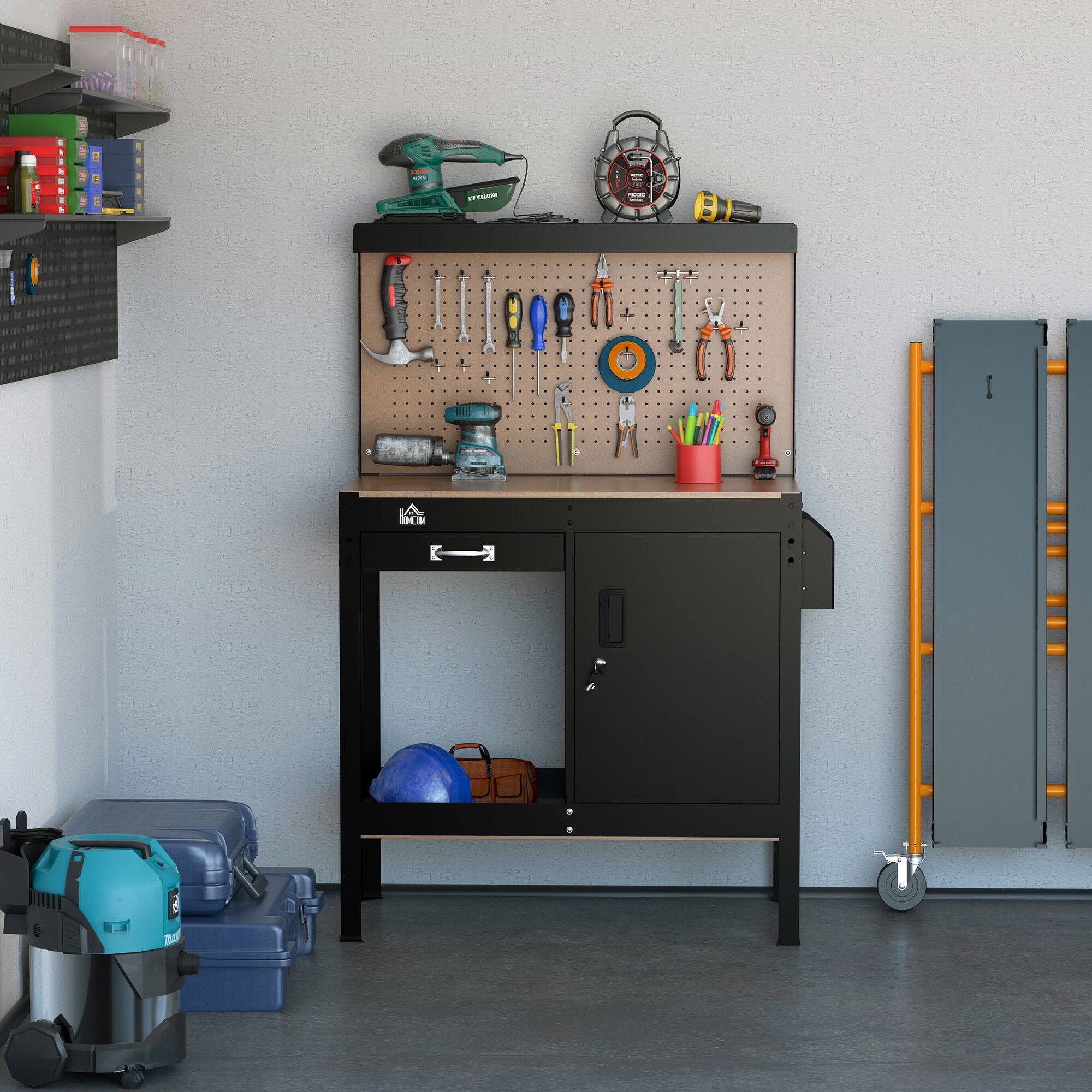 Alt View 1. Homcom - Multipurpose Workbench w/ Slide Drawer, Peg Board & Lockable Cabinet - Black.