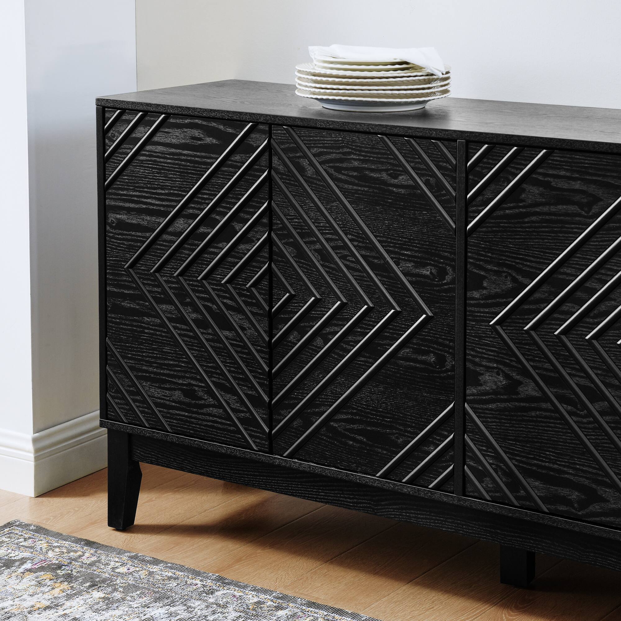 Alt View 1. Spaco - Spaco 60.5'' Mid-Century Sideboard, Buffet with Fluted Doors,Geometric Pattern,Adjustable Shelves for Dining Living Room - Black.