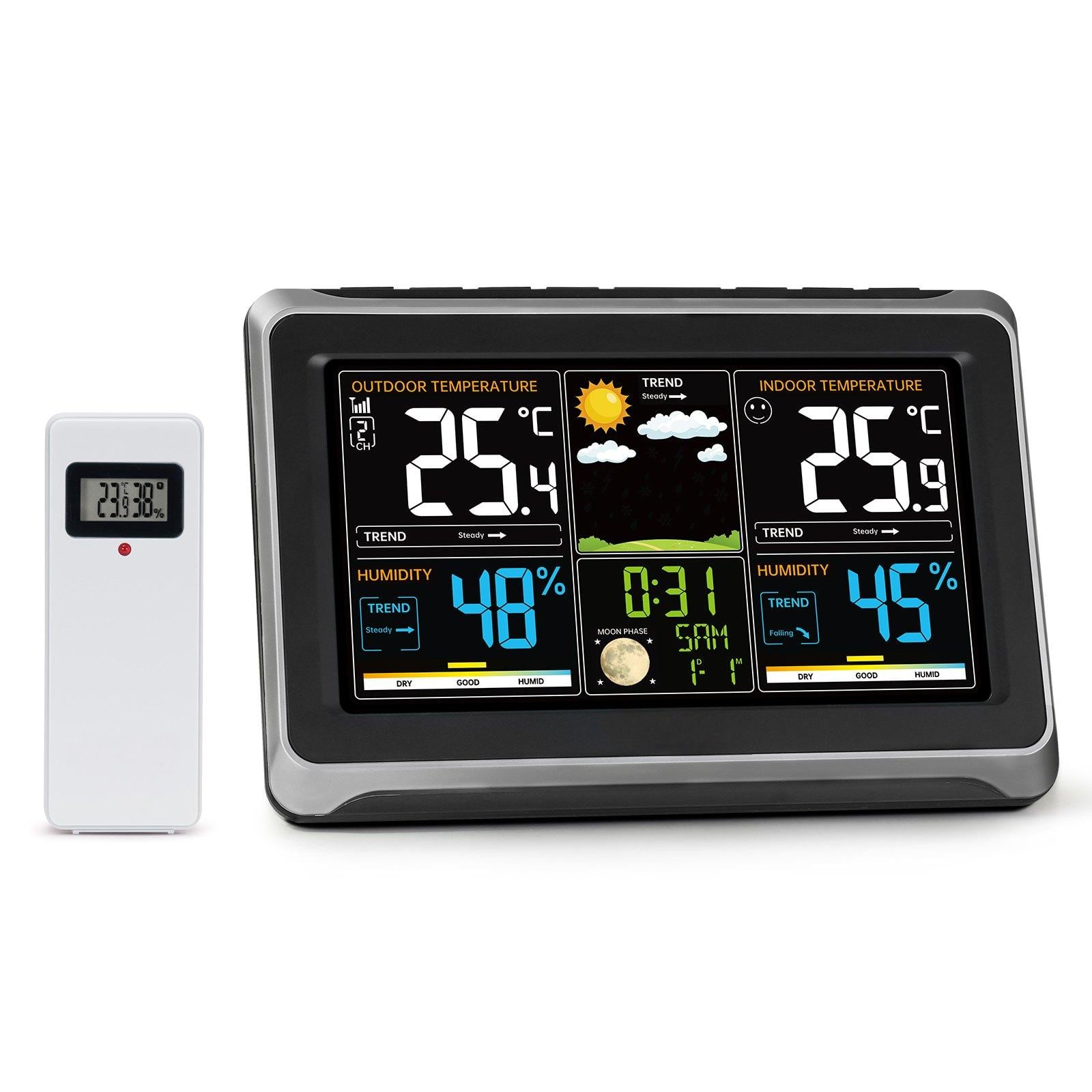 Glintex - Weather Station Indoor Outdoor with 7.5" Display, Wireless Sensor, Atomic Clock, Alerts and Forecast, No WiFi