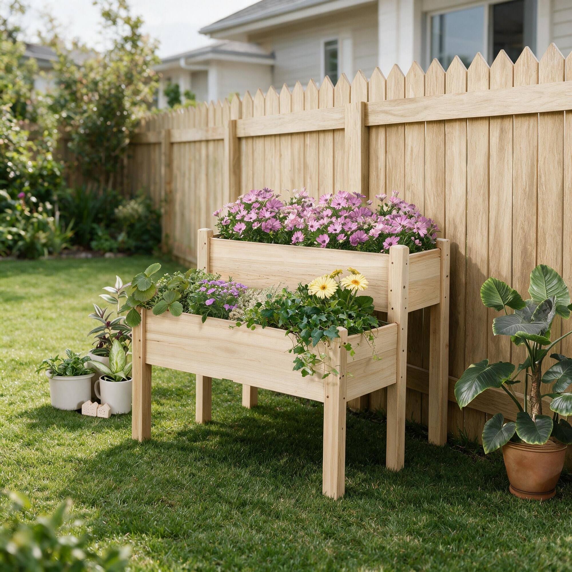 Angle. RYHNUYNE - Outsunny 34"x34"x28" Two-Tier Raised Garden Bed, Solid Fir Wood Elevated Planter Box for Vegetables, Herbs, - Natural.