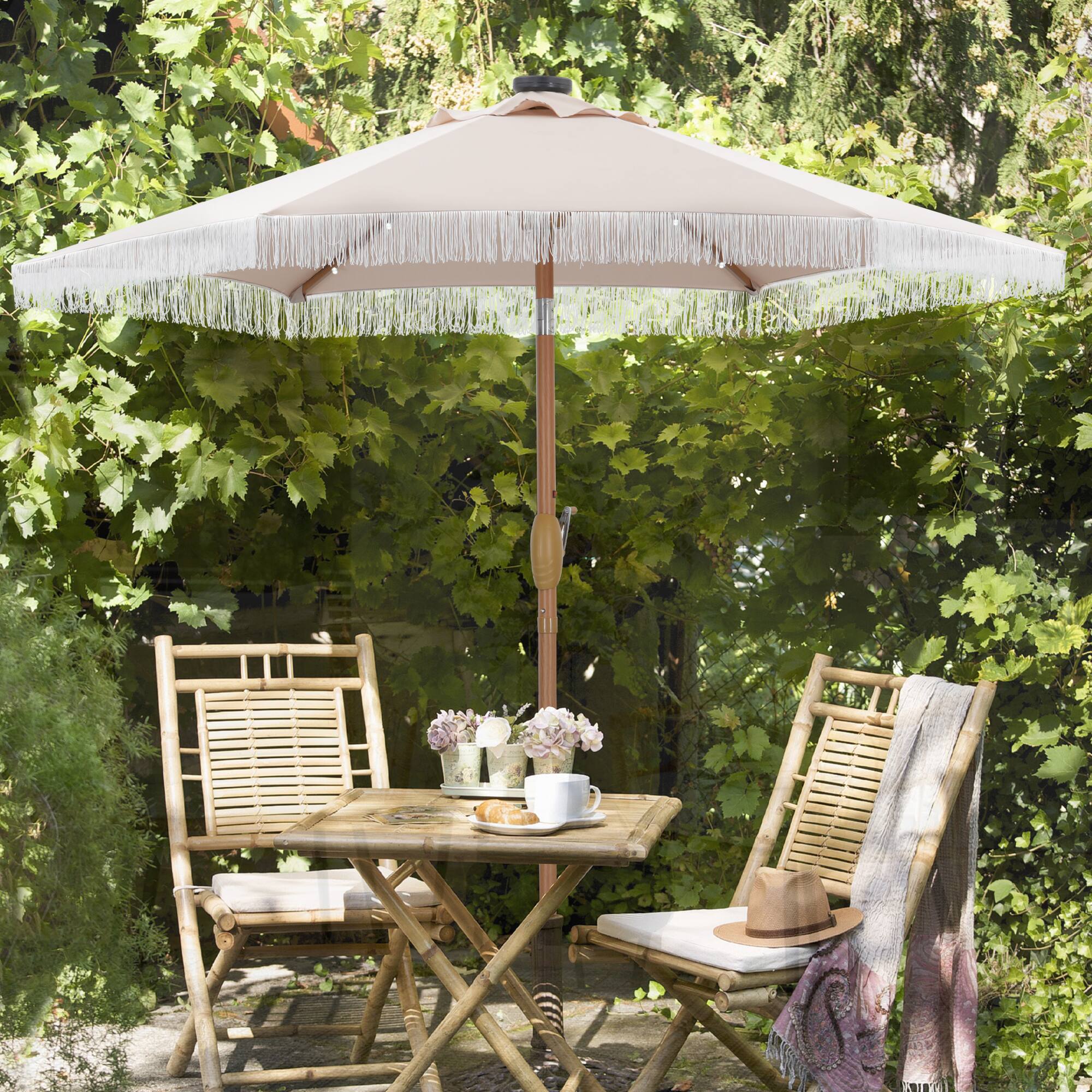 Alt View 2. Ainfox - Ainfox 7.5ft Outdoor Tassel Umbrella With Lights - Khaki.