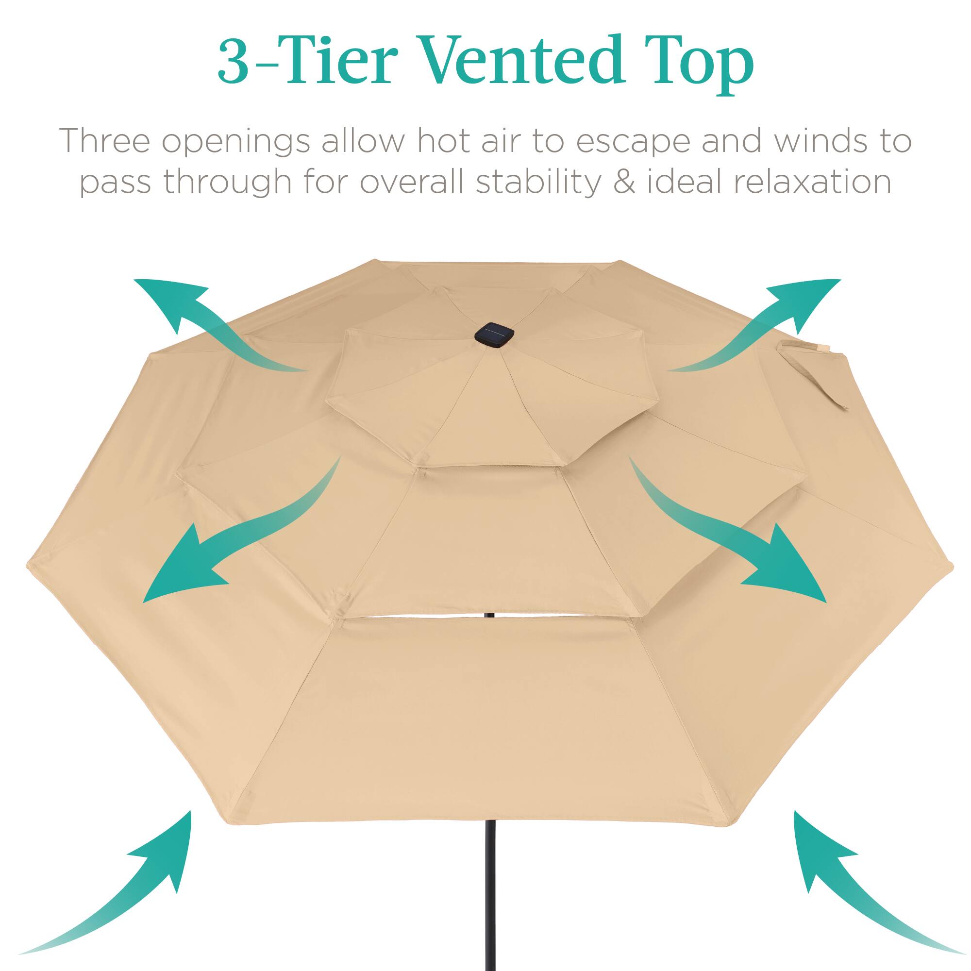 3-Tier Vented Top

Three openings allow hot air to escape and winds to pass through for overall stability & ideal relaxation