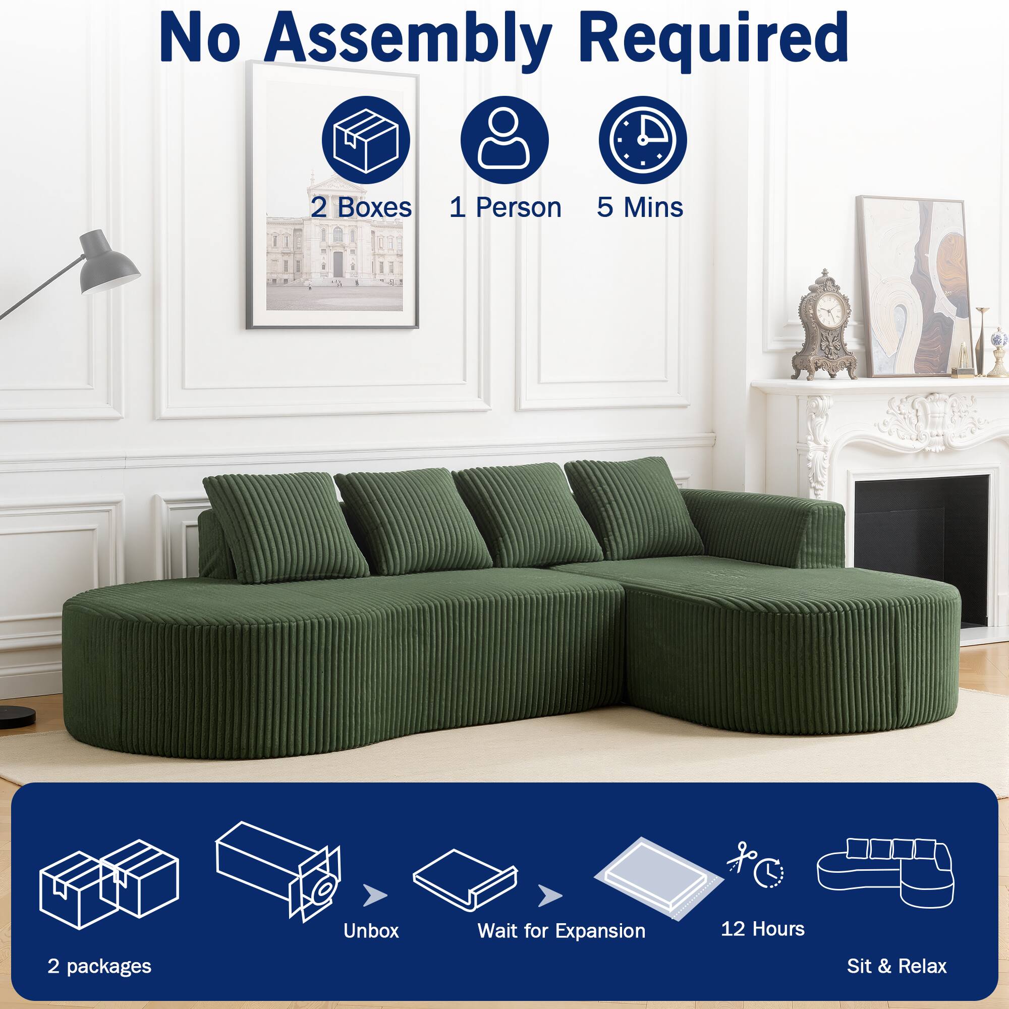 No Assembly Required  
2 Boxes  
1 Person  
5 Mins  

2 packages  
Unbox  
Wait for Expansion  
12 Hours  
Sit & Relax
