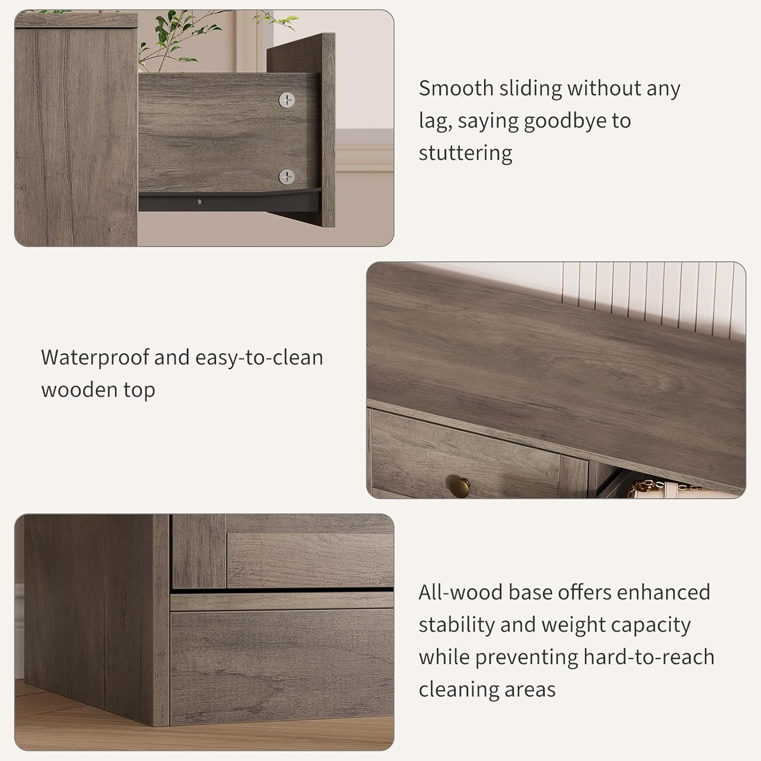 - Smooth sliding without any lag, saying goodbye to stuttering
- Waterproof and easy-to-clean wooden top
- All-wood base offers enhanced stability and weight capacity while preventing hard-to-reach cleaning areas