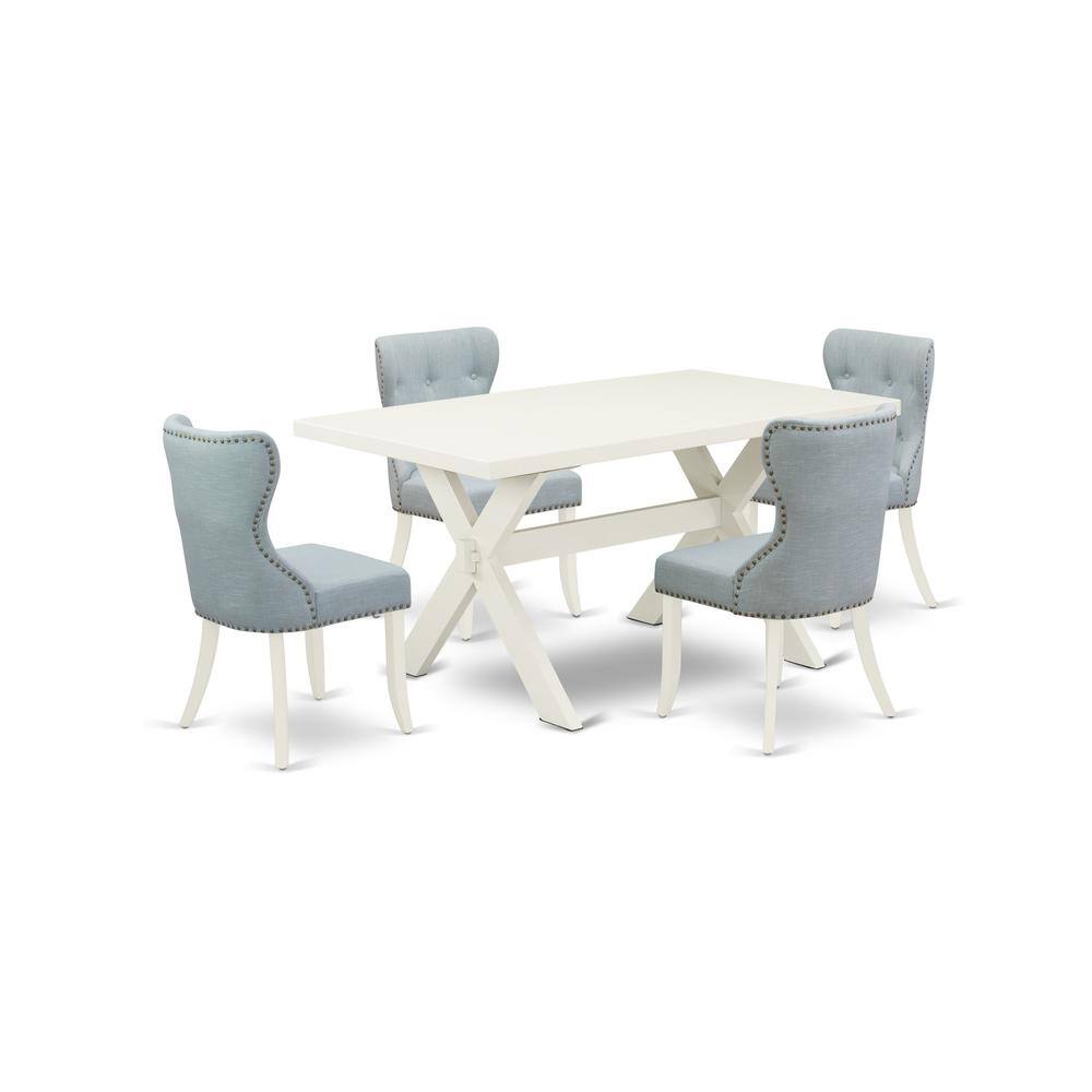 Left. East West Furniture - East West Furniture X026SI215-5 5-Piece Dining Set- 4 Mid Century Dining Chairs with Baby Blue Linen Fabric Seat and - Multi-Color.