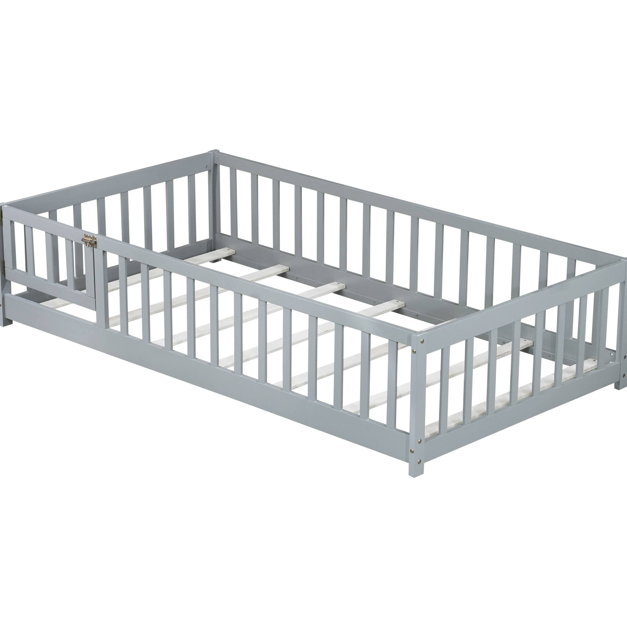 Alt View 5. GOODSILO - Twin Size Low-Profile Children's Floor Bed with Safety Guardrails and Entry Door, Natural Wood Finish - Grey.