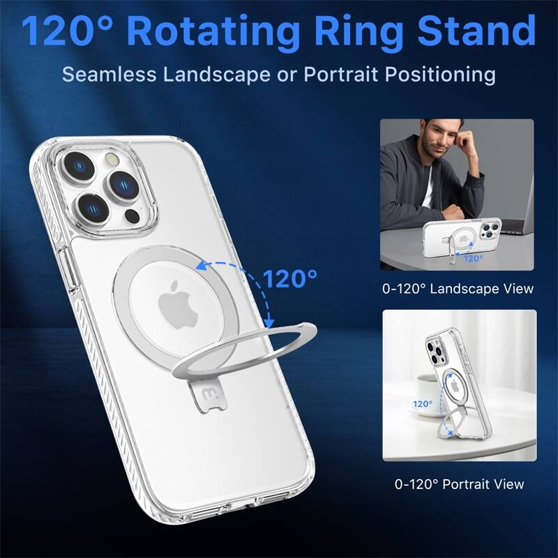 120° Rotating Ring Stand, Seamless Landscape or Portrait Positioning, 0-120° Landscape View, 0-120° Portrait View