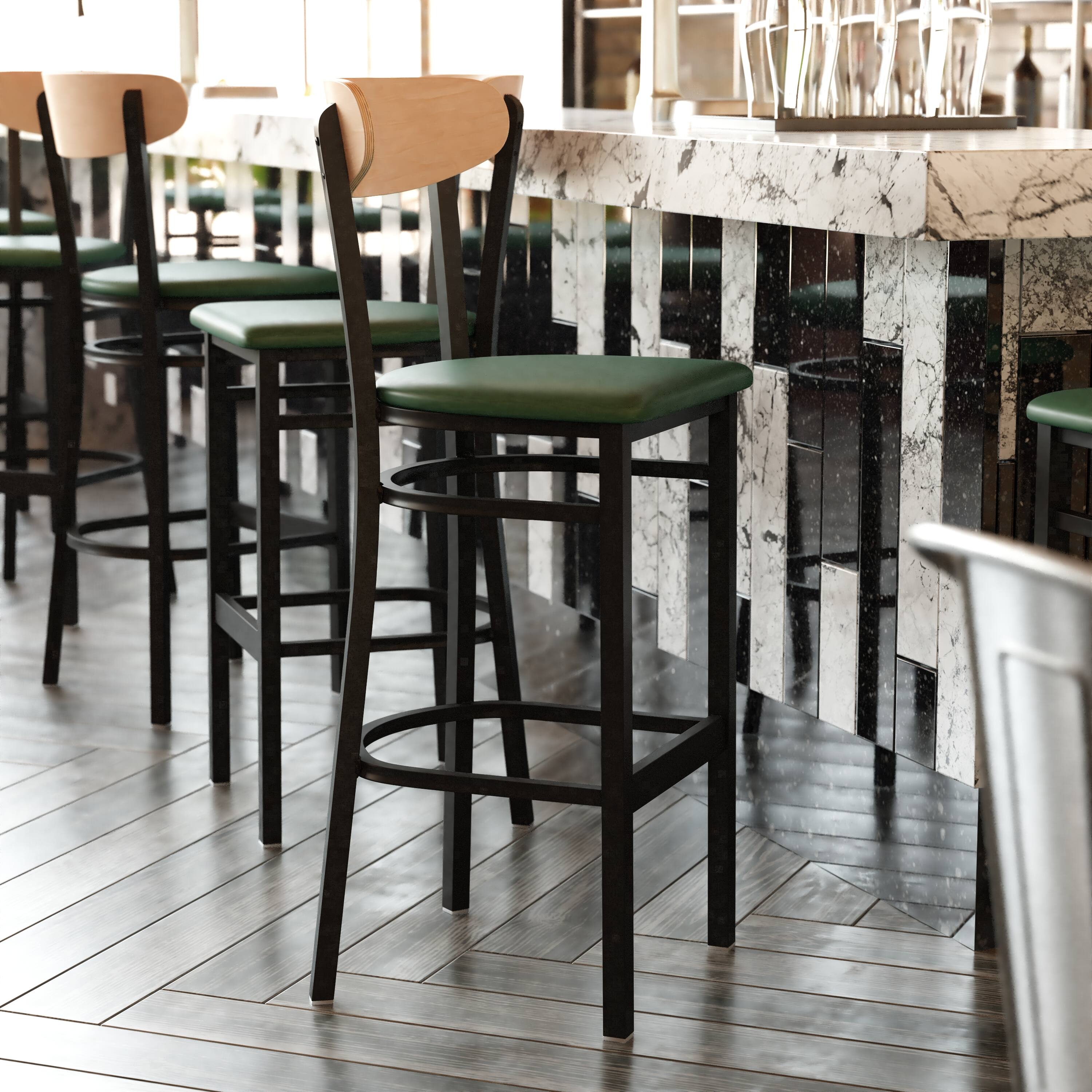Alt View 2. Emma + Oliver - Yara Industrial Barstool with Rolled Steel Frame and Solid Wood Seat - 500 lbs. Static Weight Capacity - Natural Birch Wood Back/Green Vinyl Seat.